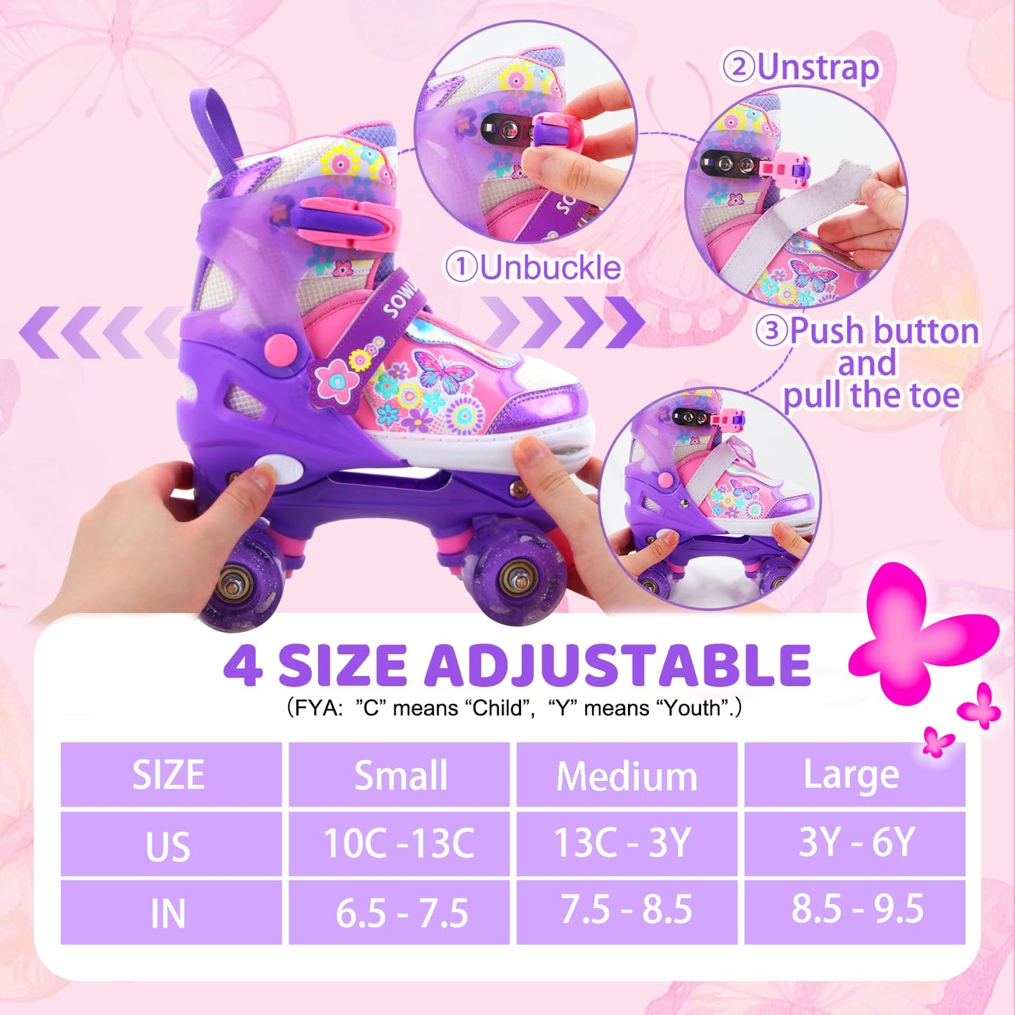 Sowume Adjustable Roller Skates for Girls and Women, All 8 Wheels of Girl's Skates Shine, Safe and Fun Illuminating for Kids