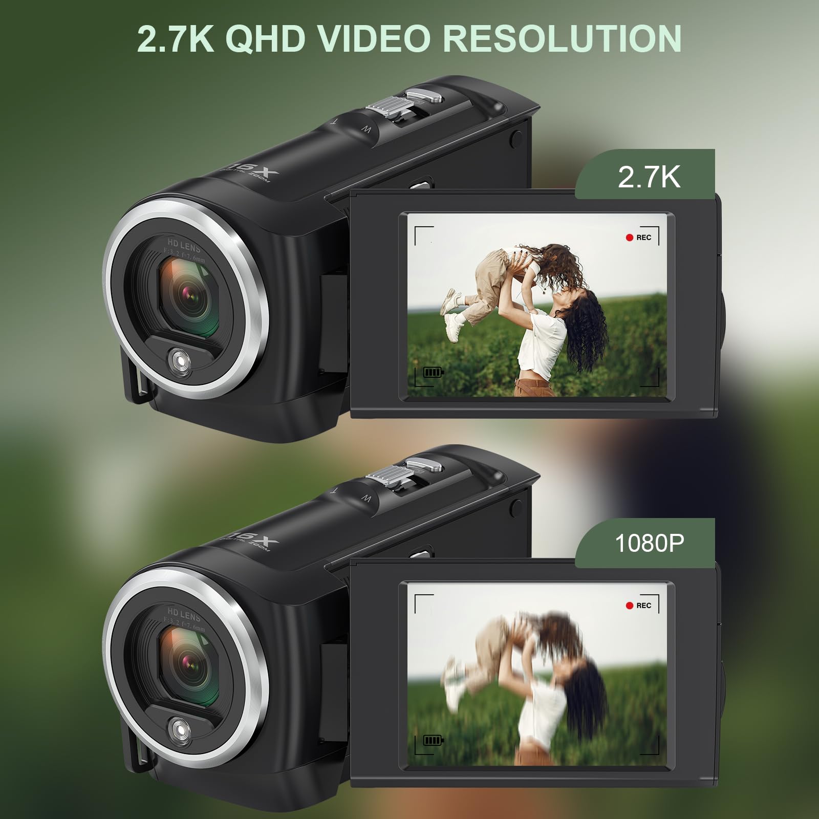 2.7K Video Camera Camcorder QHD 50MP YouTube Vlogging Camera 16X Digital Zoom Webcam 270 Degree Rotation Screen Camcorders with 32G SD Card and 2 Batteries Recording While Charging