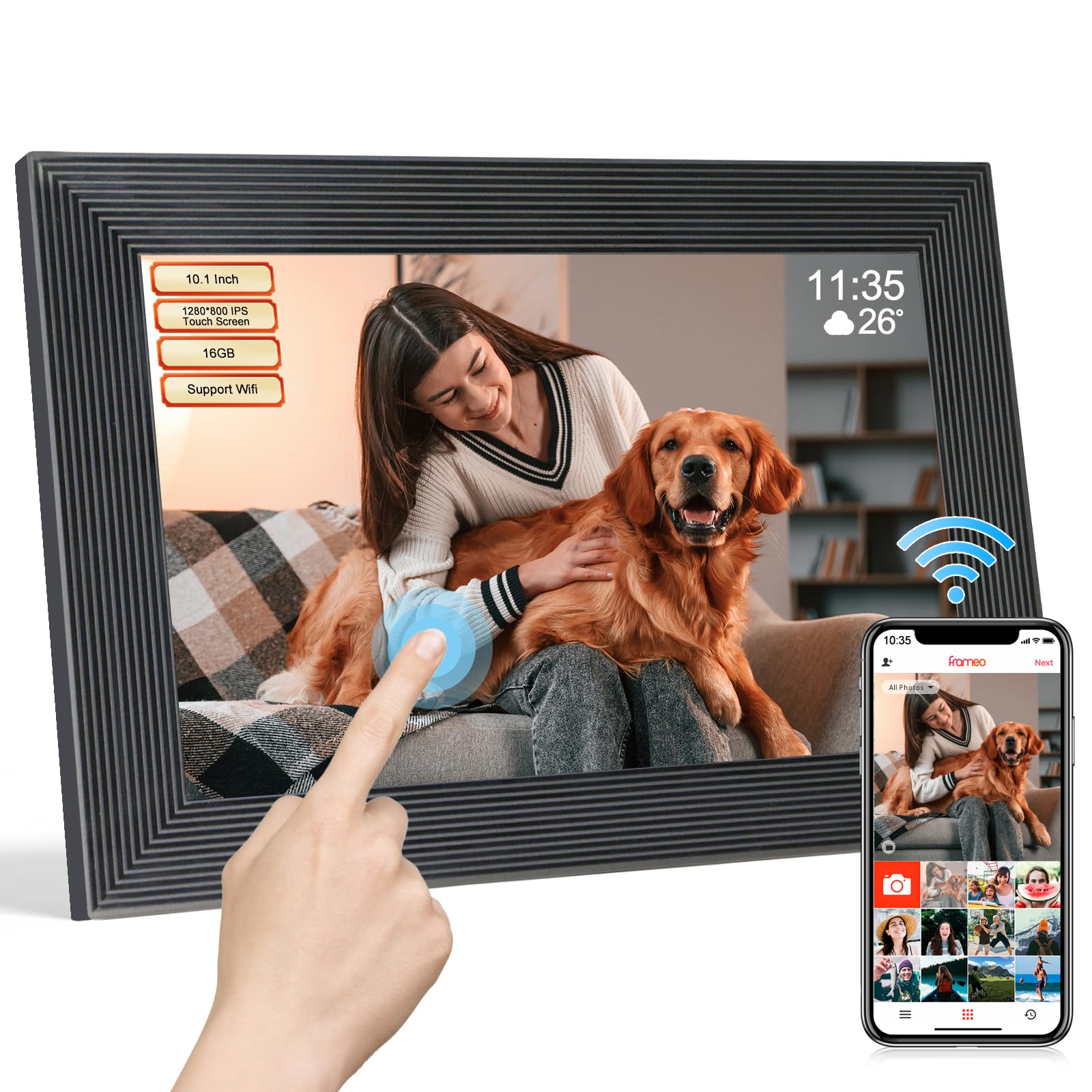 Frameo Digital Picture Frame WiFi -10.1 Inch Digital Photo Frame with 32GB Storage SD Card Slot Desktop,IPS Touch Screen, Auto-Rotate Slideshow Share Videos Photos Remotely Via App-White