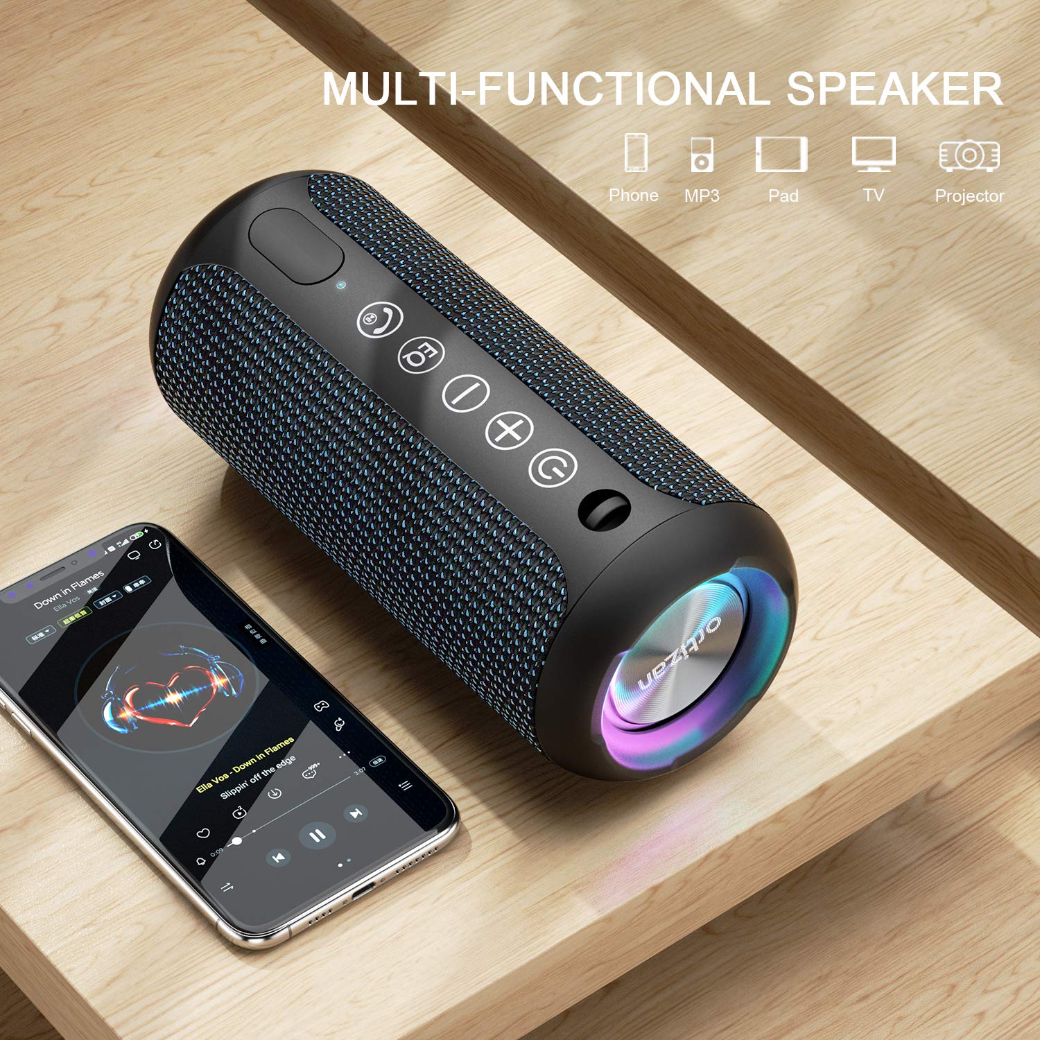 Ortizan Portable Bluetooth Speaker: IPX7 Waterproof, 24W Loud Sound, Deep Bass, Bluetooth 5.3, LED Lights, Wireless Stereo Pairing, 30H Playtime, for Home/Outdoor/Party/Beach, Birthday Gift (Black)