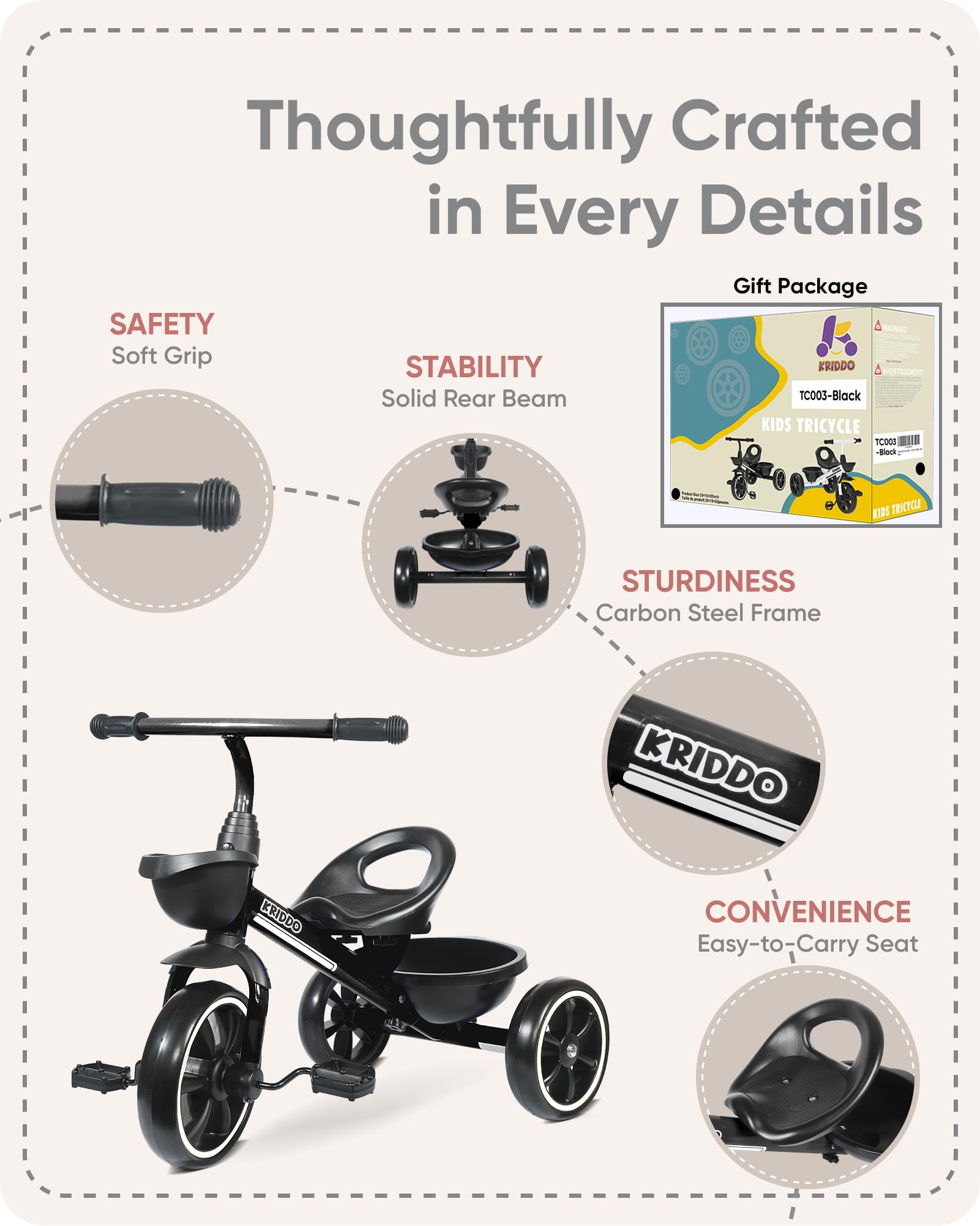 KRIDDO Kids Tricycle for 2-5 Year Olds - Gift for Toddlers - Black