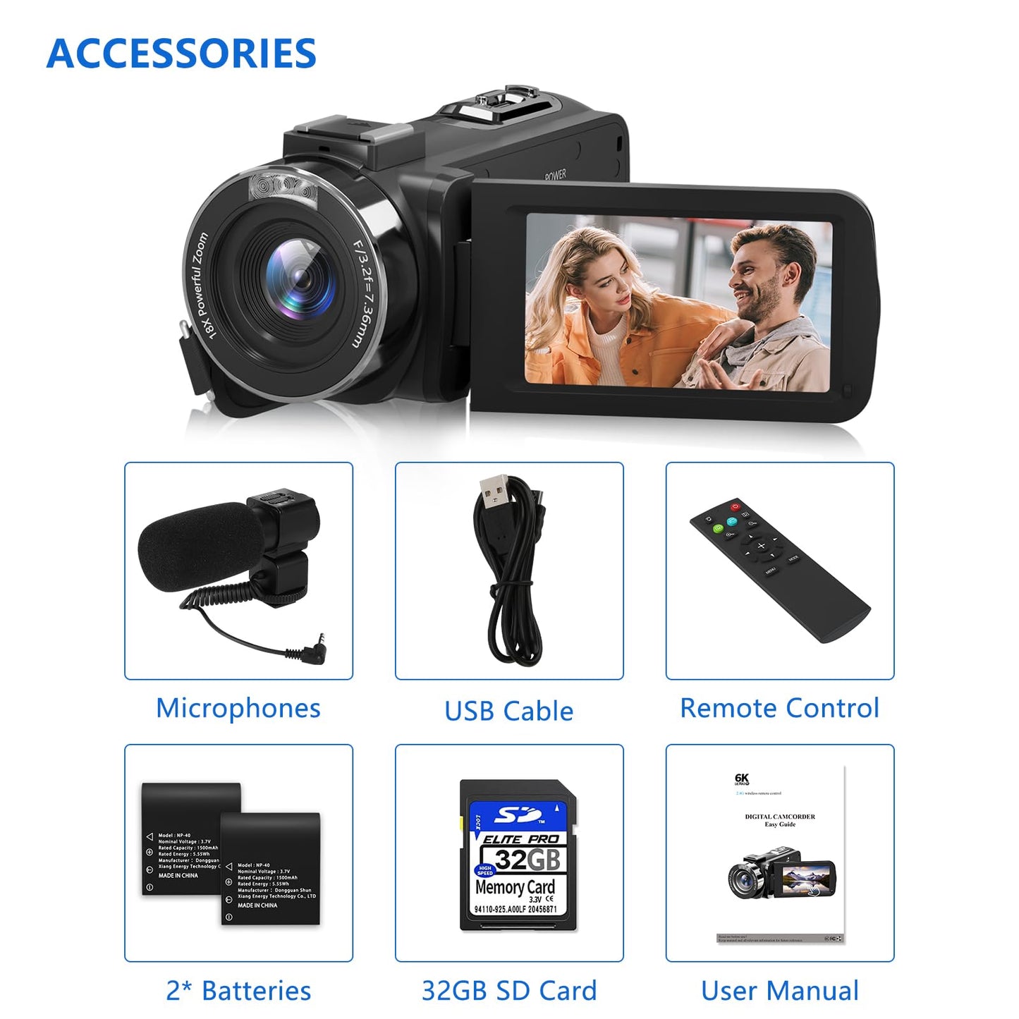 Video Camera, Full HD 1080P Camcorder 48MP YouTube Vlogging Camera Recorder 3.0 Inch 270° Rotation Screen 18X Digital Zoom with Remote Control, Microphone, Mini Tripod, 2 Battries, 32GB SD Card