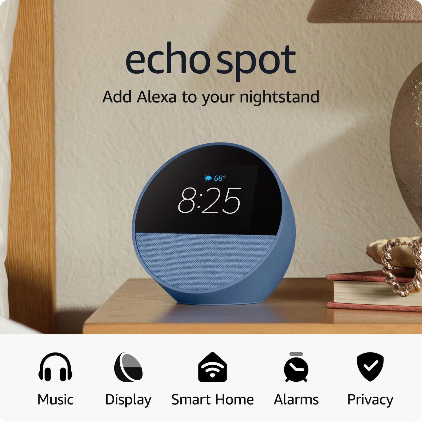 Amazon Echo Spot (newest model), Great for nightstands, offices and kitchens, Smart alarm clock with Alexa, Black