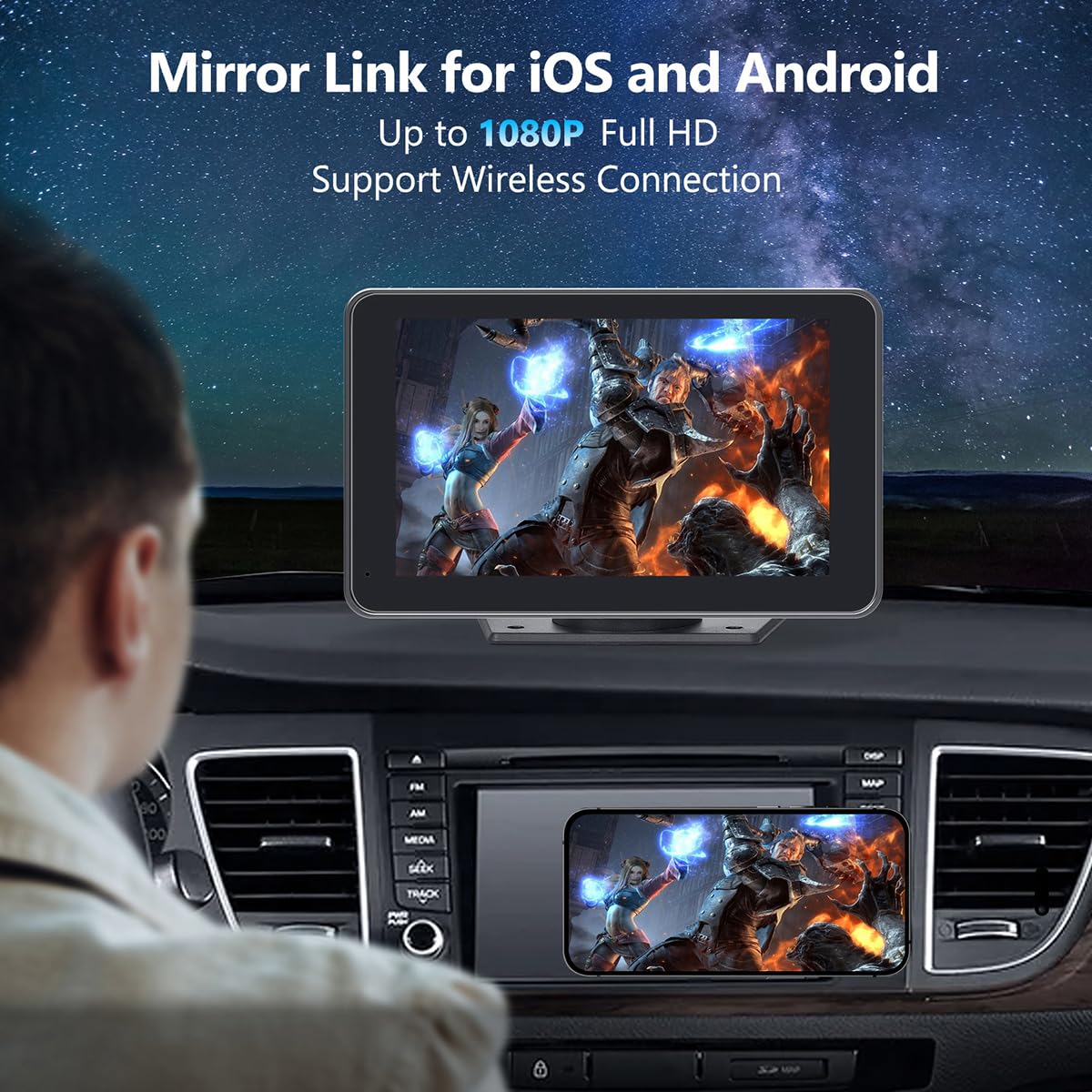 Wireless Car Stereo with Apple CarPlay/Android Auto, Portable Touch Screen Car Radio Multimedia Player with Bluetooth, Backup Camera, Navigation, Mirror Link for All Vehicles