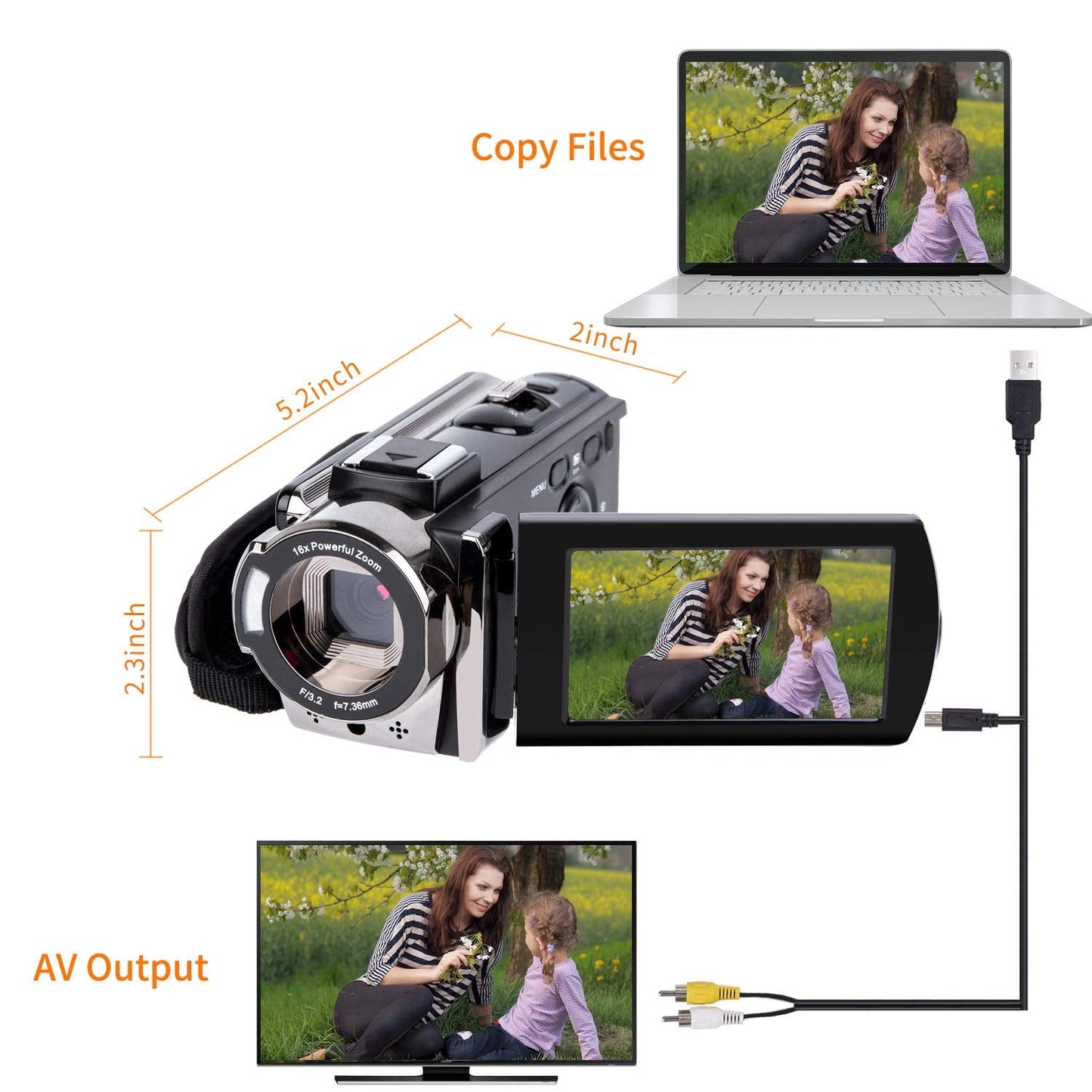 Video Camera Camcorder Digital Camera Recorder Full HD 1080P 15FPS 24MP 3.0 Inch 270 Degree Rotation LCD 16X Zoom Camcorder with 2 Batteries(604s)