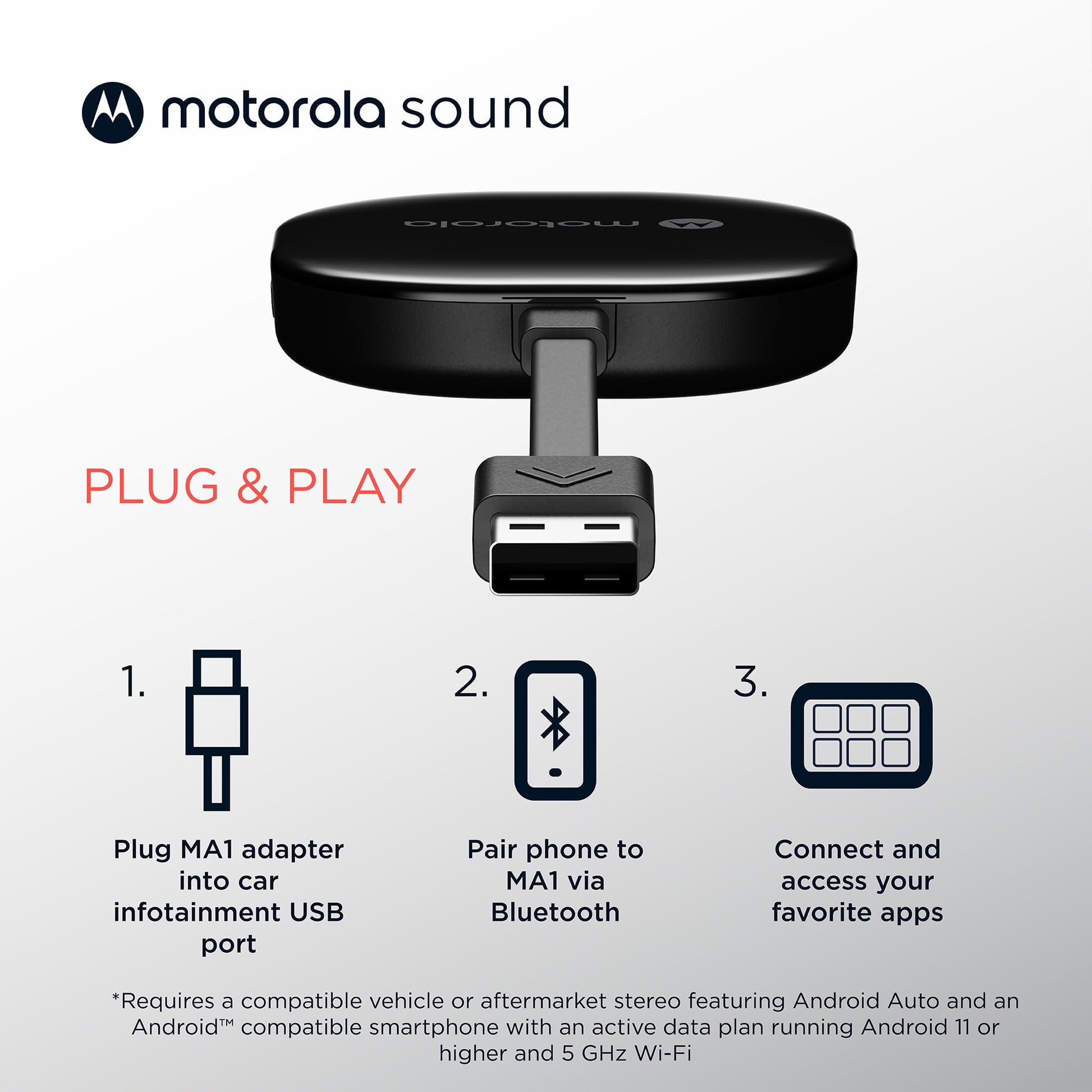 Motorola MA1 Wireless Android Auto Car Adapter - Instant Connection Using Google-Licensed Bridge Technology from Smartphone to Screen - USB Type-A Plug-in - Secure Gel Pad