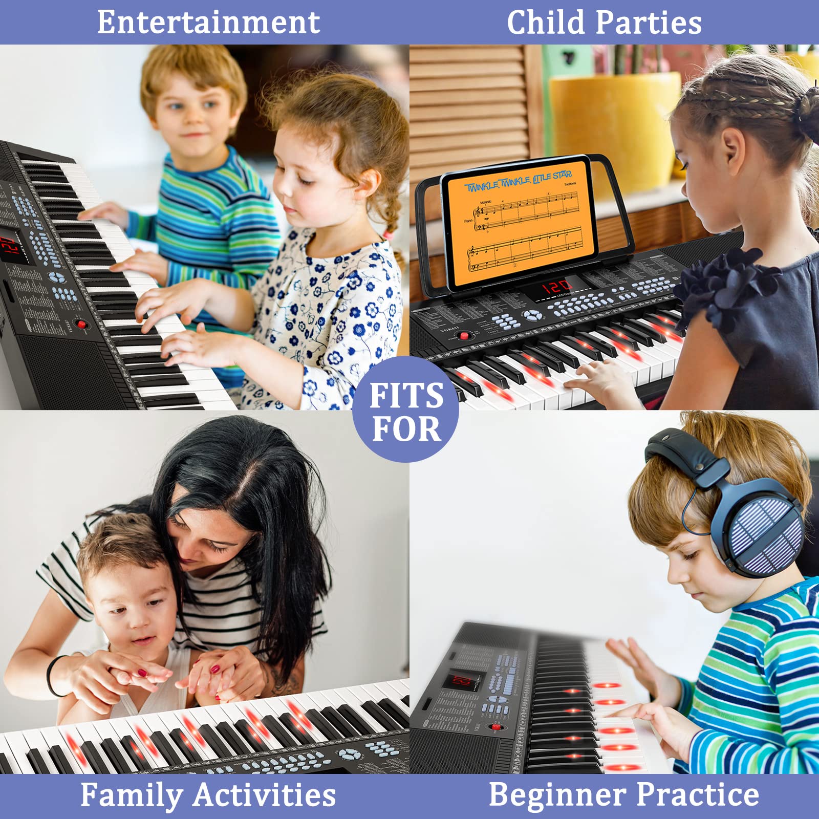 Vangoa 61-Key Light-Up Keyboard Piano for Beginners, 350 Tones &amp; Timbres, 3 Teaching Modes, With Microphone, Black