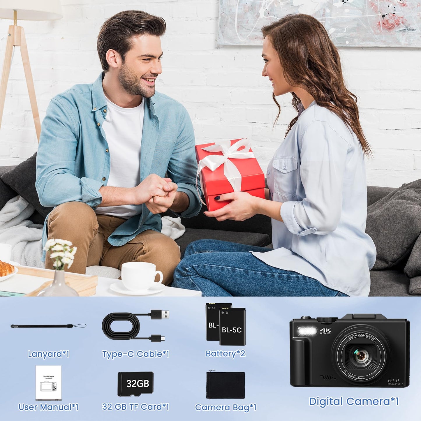 4K Digital Camera for Photography with 3" 180°Flip Screen, 64MP Vlogging Camera for YouTube, 4K Ultra HD WiFi Camera with 18X Digital Zoom，Compact Camera with Flash, 32GB TF Card &amp; 2 Batteries（Black）