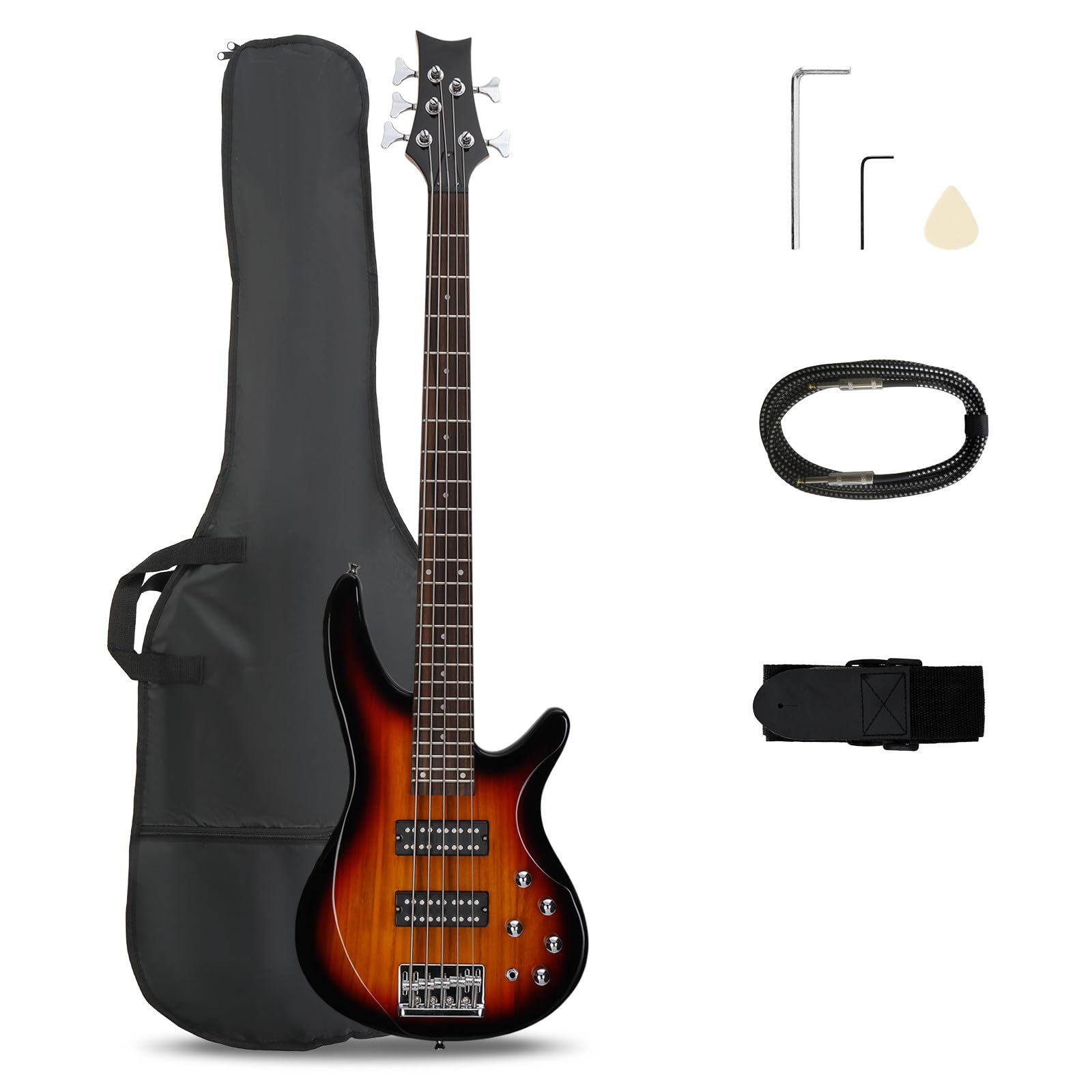 Ktaxon 5 String Electric Bass Guitar, Full Size Standard Right Handed Rosewood Fretboard Bass Kit with Gig Bag Strap Cable Wrench Tool (Black)