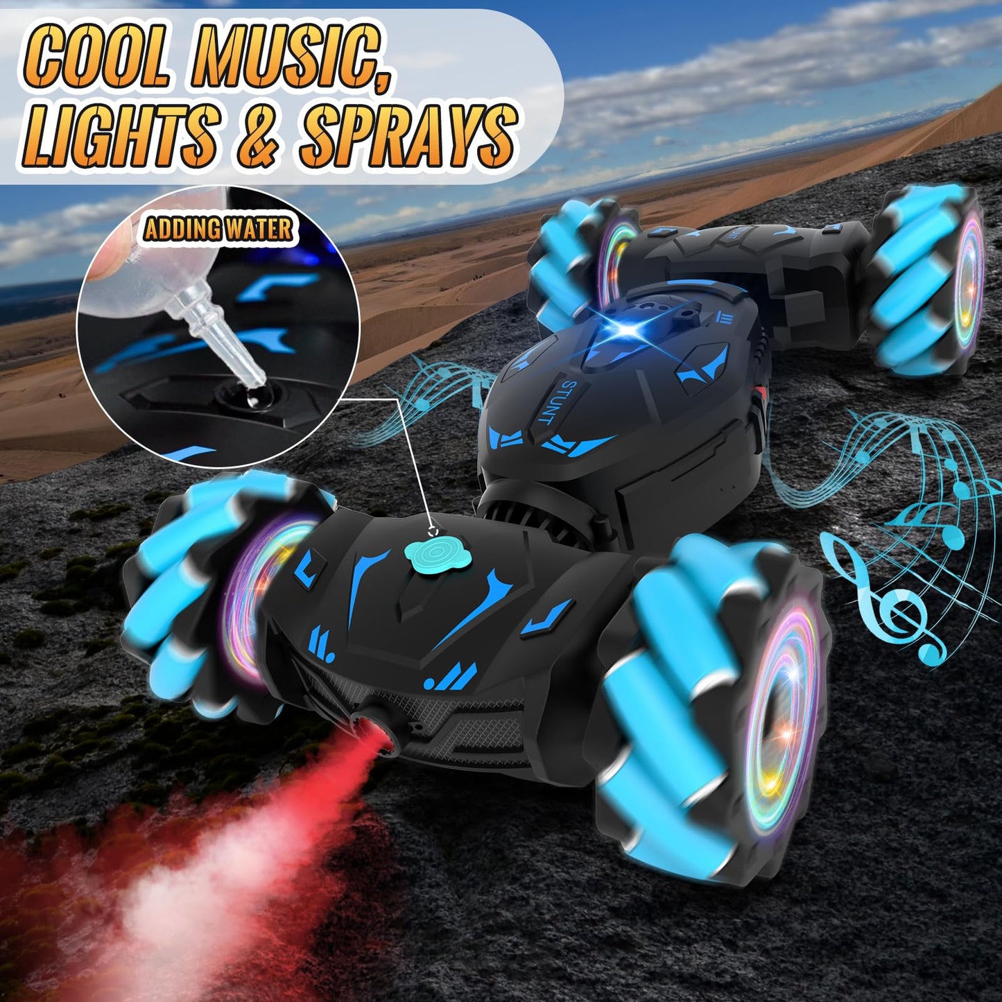 Pristar RC Car Toys for Boys Girls 6-12, Gesture Sensing RC Stunt Car 2.4Ghz 4WD Remote Control Car with Lights Music Double Sided Flip 360° Rotate Off-Road, Birthday Xmas Gifts for Kids Aged 6-12