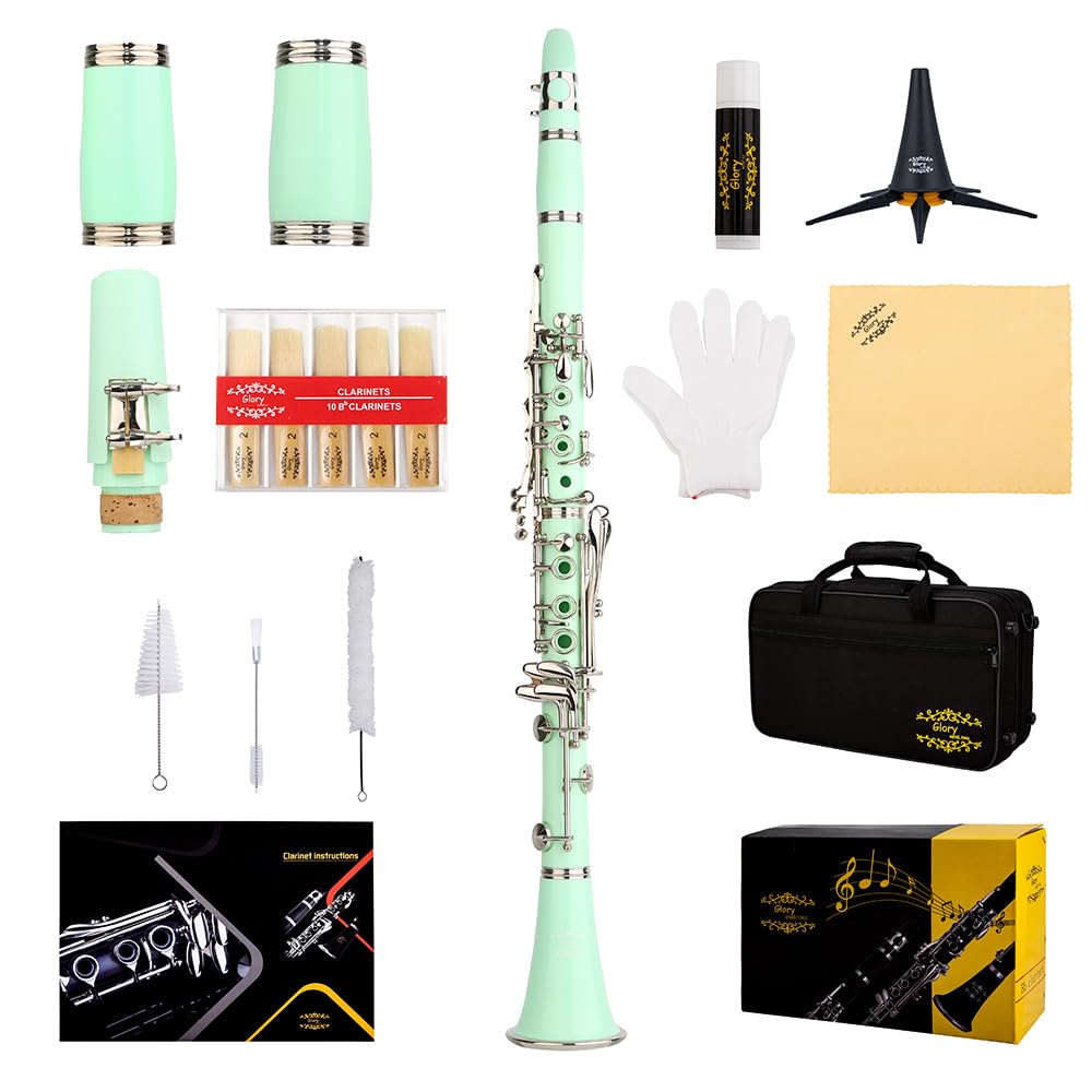 Glory GLY-CLADBL Professional Ebonite Bb Clarinet with 10 Reeds, Stand, Hard Case, Cleaning Cloth, Cork Grease, Mouthpiece Brush and Pad Brush,Dark Blue/Silver