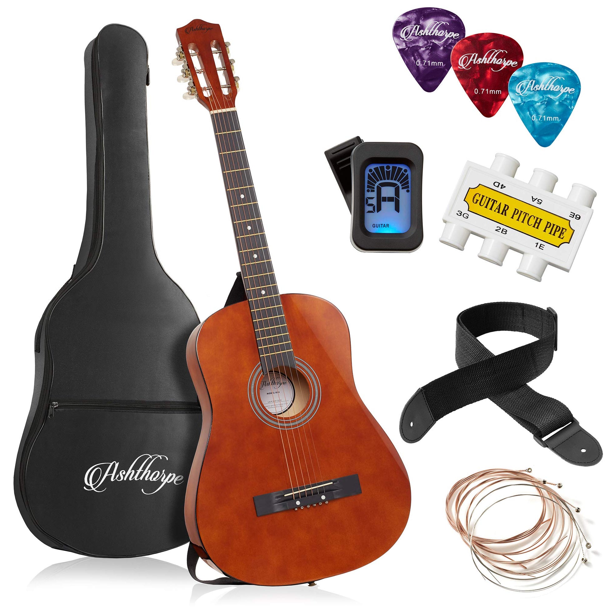 Ashthorpe 30-inch Beginner Acoustic Guitar Package (Black), Basic Starter Kit w/Gig Bag, Strings, Strap, Tuner, Picks