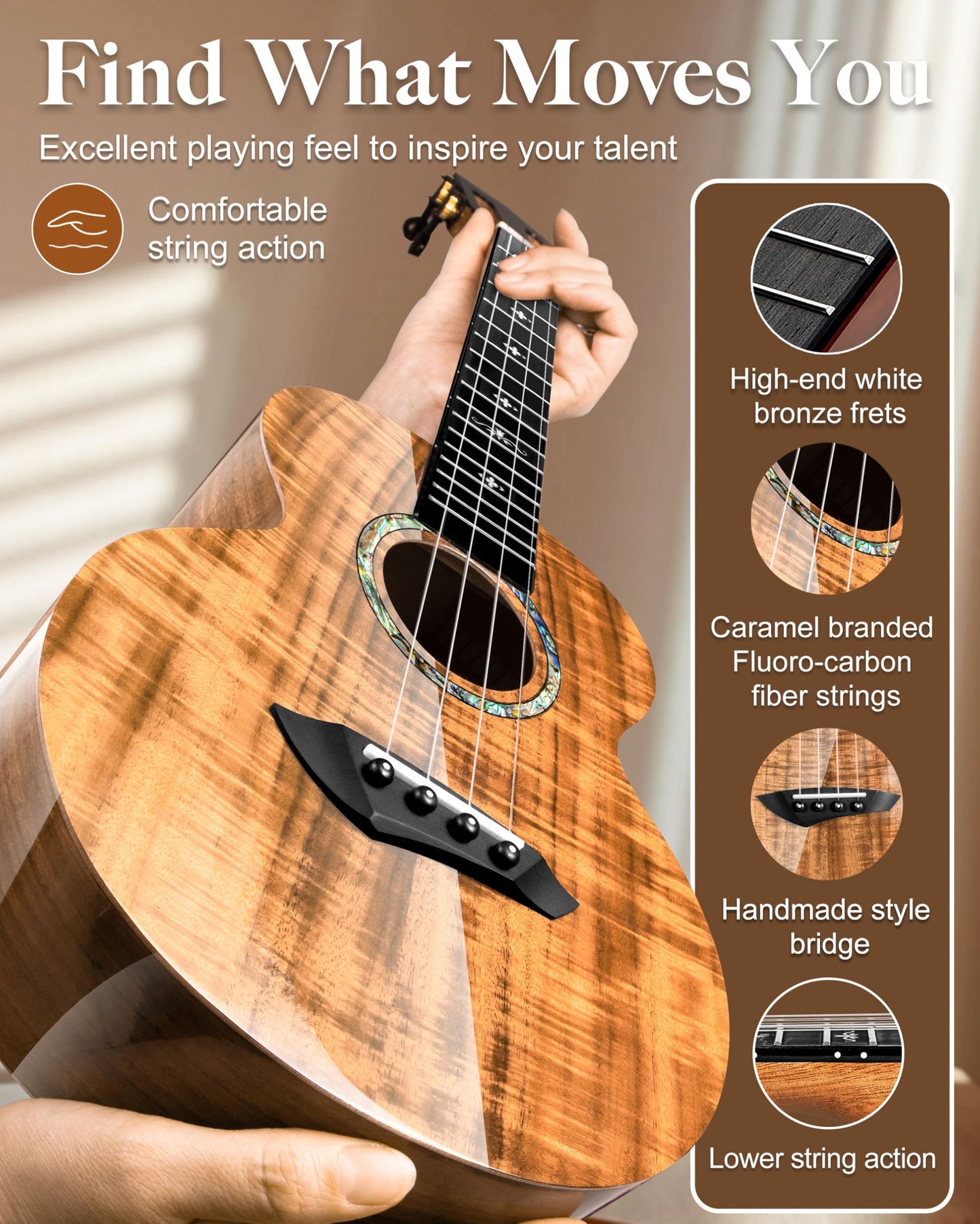 Caramel CAG94 Glossy Black Ebony 23" Concert Ukulele for Beginner | Handmade Ukelele Starter Kit