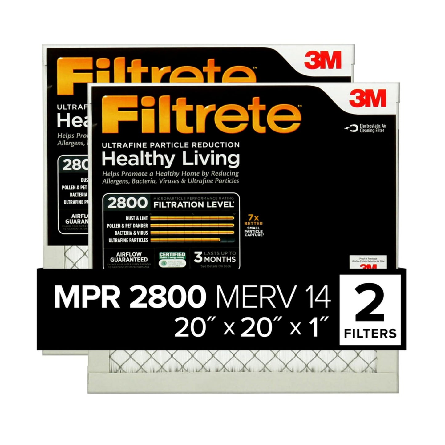 Filtrete 14x20x1 Air Filter, MPR 2800, MERV 14, Healthy Living Ultrafine Particle Reduction 3-Month Pleated 1-Inch Air Filters, 2 Filters