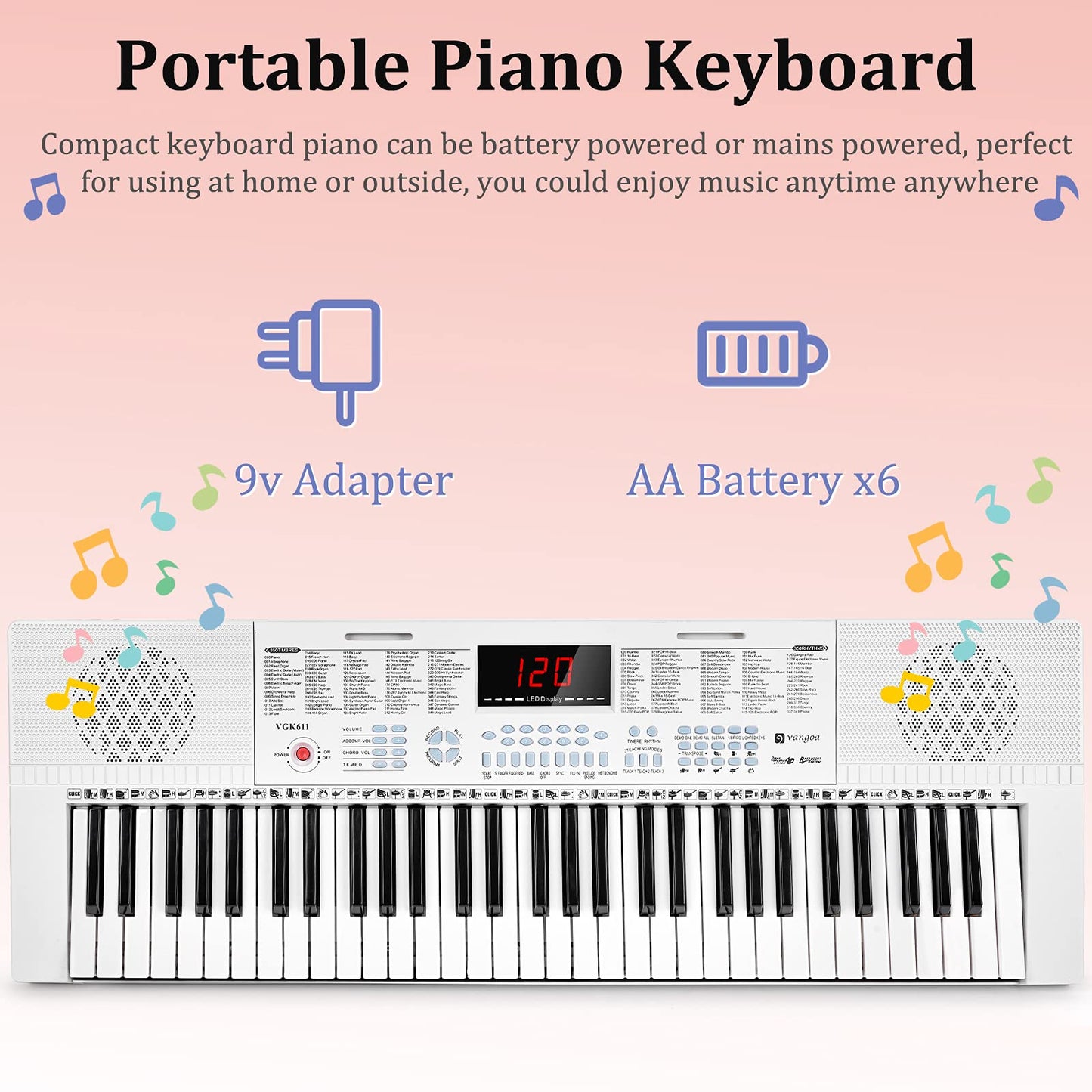 Vangoa 61-Key Light-Up Keyboard Piano for Beginners, 350 Tones &amp; Timbres, 3 Teaching Modes, With Microphone, Black