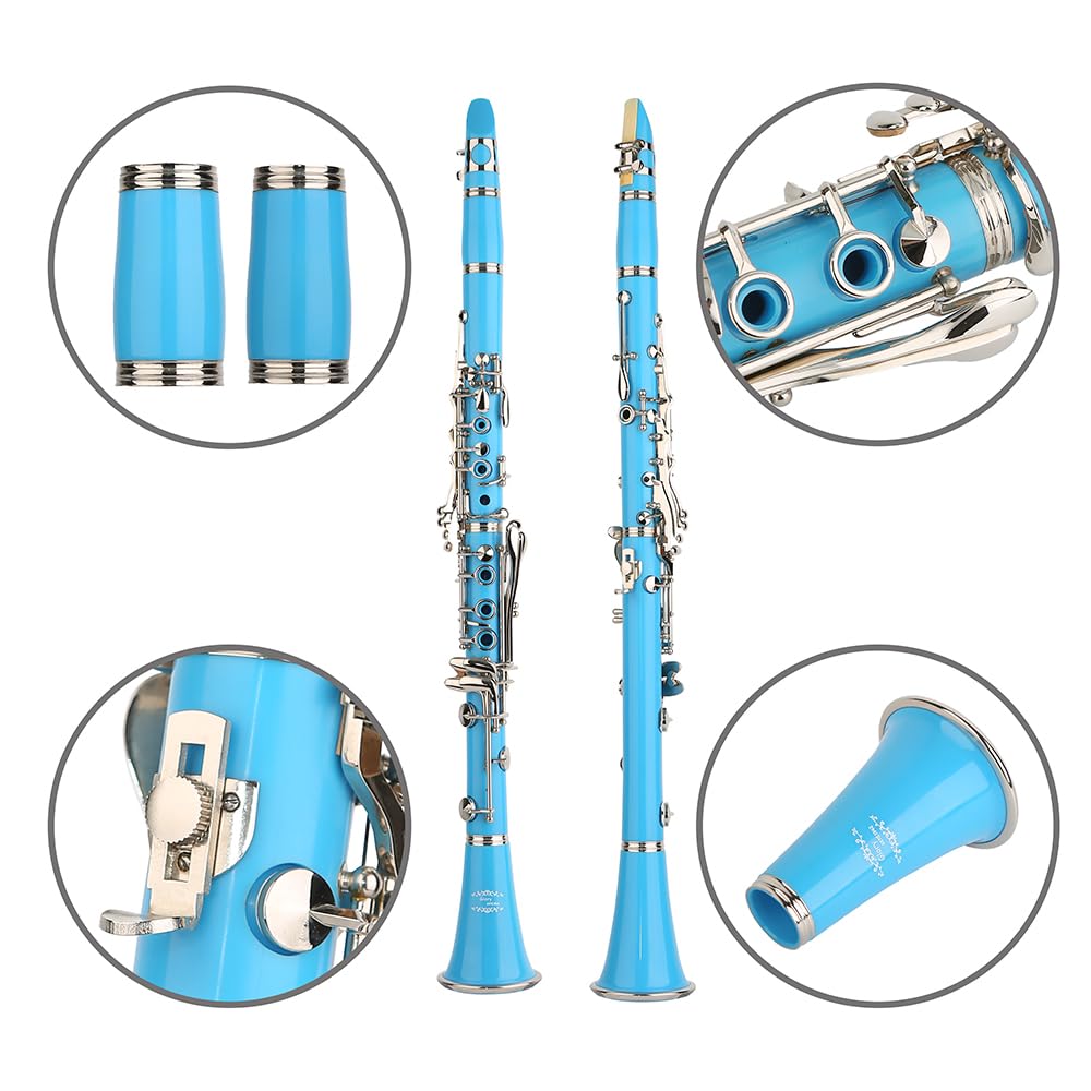 Glory GLY-CLADBL Professional Ebonite Bb Clarinet with 10 Reeds, Stand, Hard Case, Cleaning Cloth, Cork Grease, Mouthpiece Brush and Pad Brush,Dark Blue/Silver