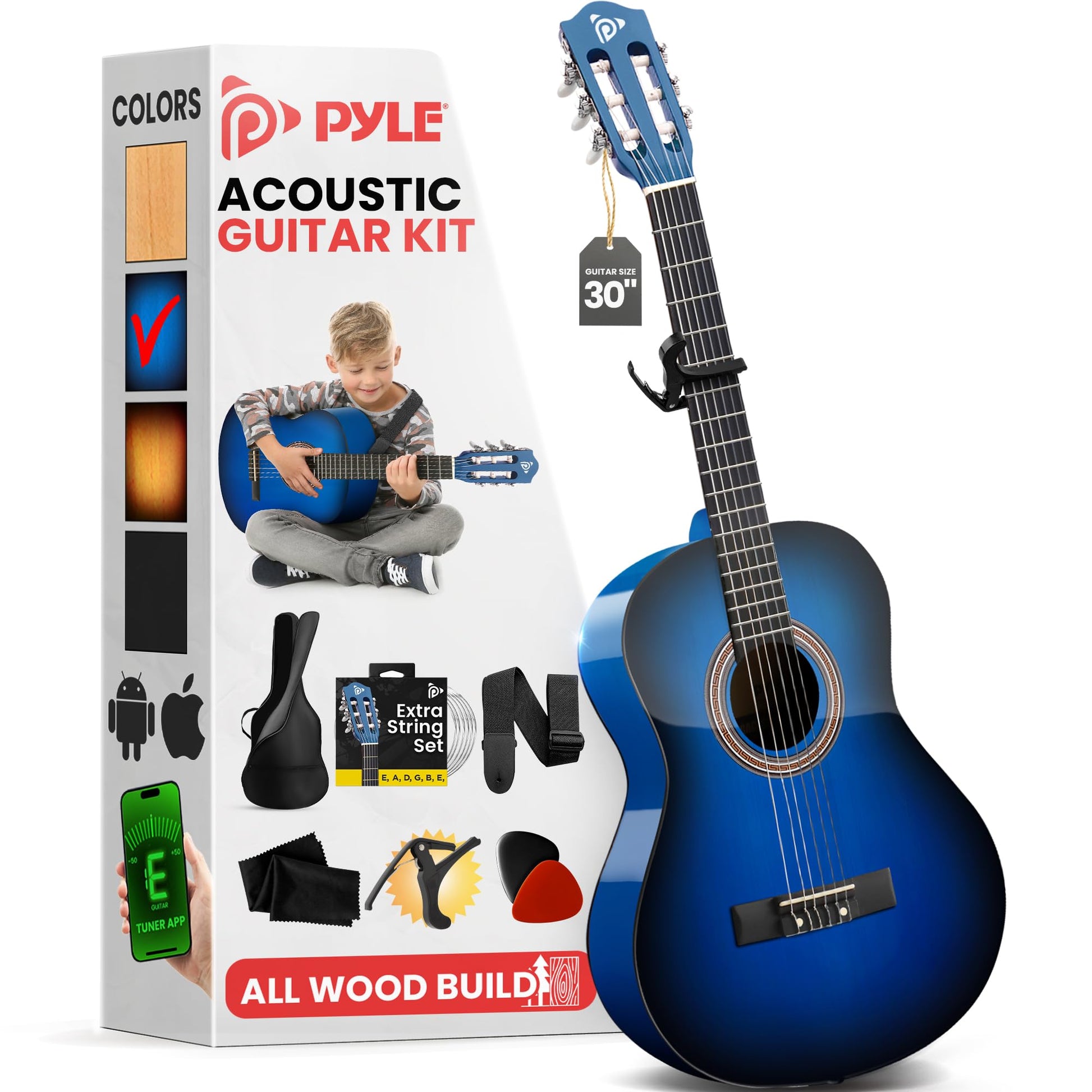 Pyle Left Handed Beginner Acoustic Guitar Kit, 1/4 Junior Size All Wood Build Nylon Stringed Instrument with Capo, Strap, Extra String Set, Gig Bag, Guitars for Beginners Adults Youth, 30" Natural