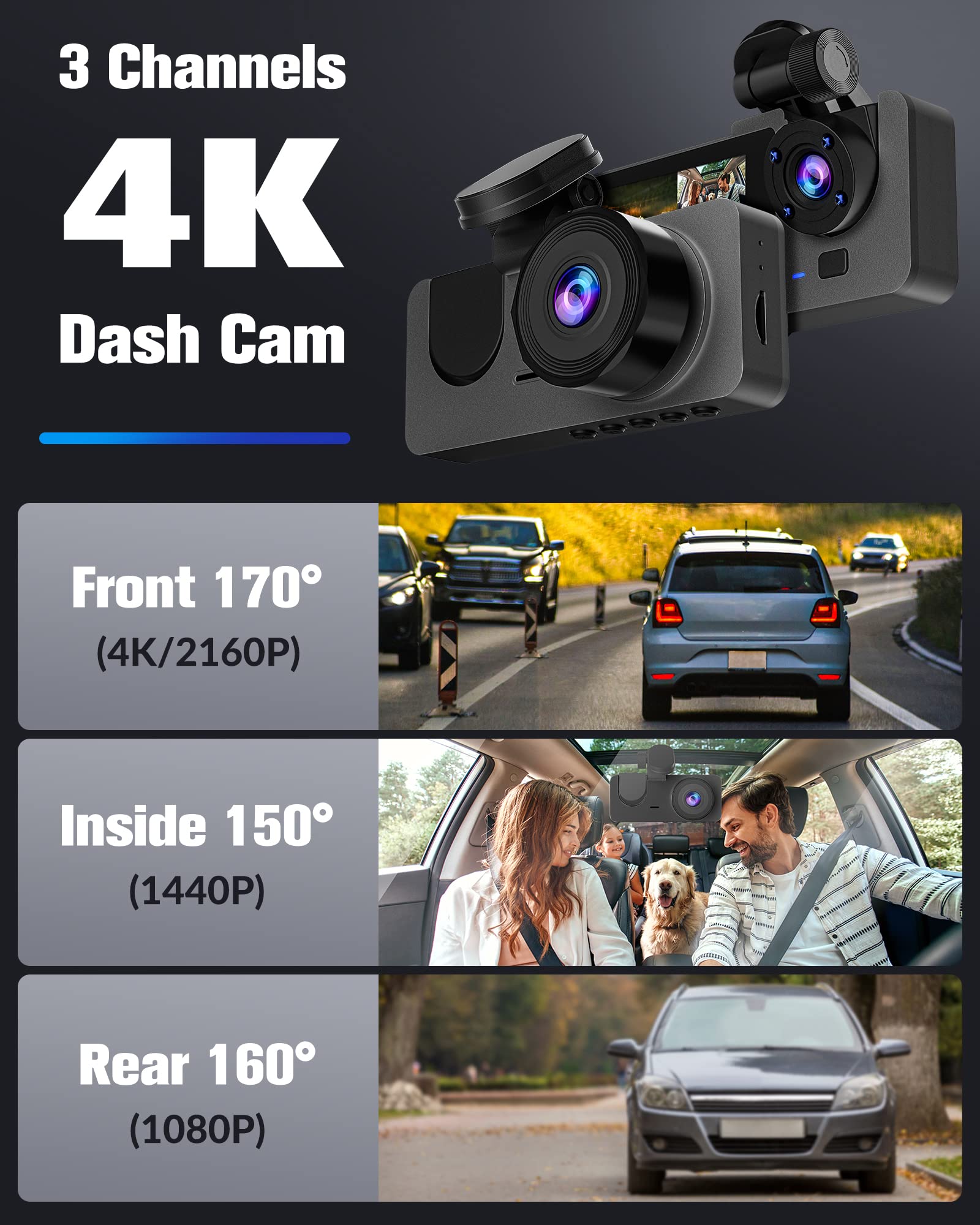 Dash Camera for Cars,4K Full UHD Car Camera Front Rear with 32GB Card,Built-in Super Night Vision,2.0'' IPS Screen,170°Wide Angle,WDR, 24H Parking Mode, Loop Recording