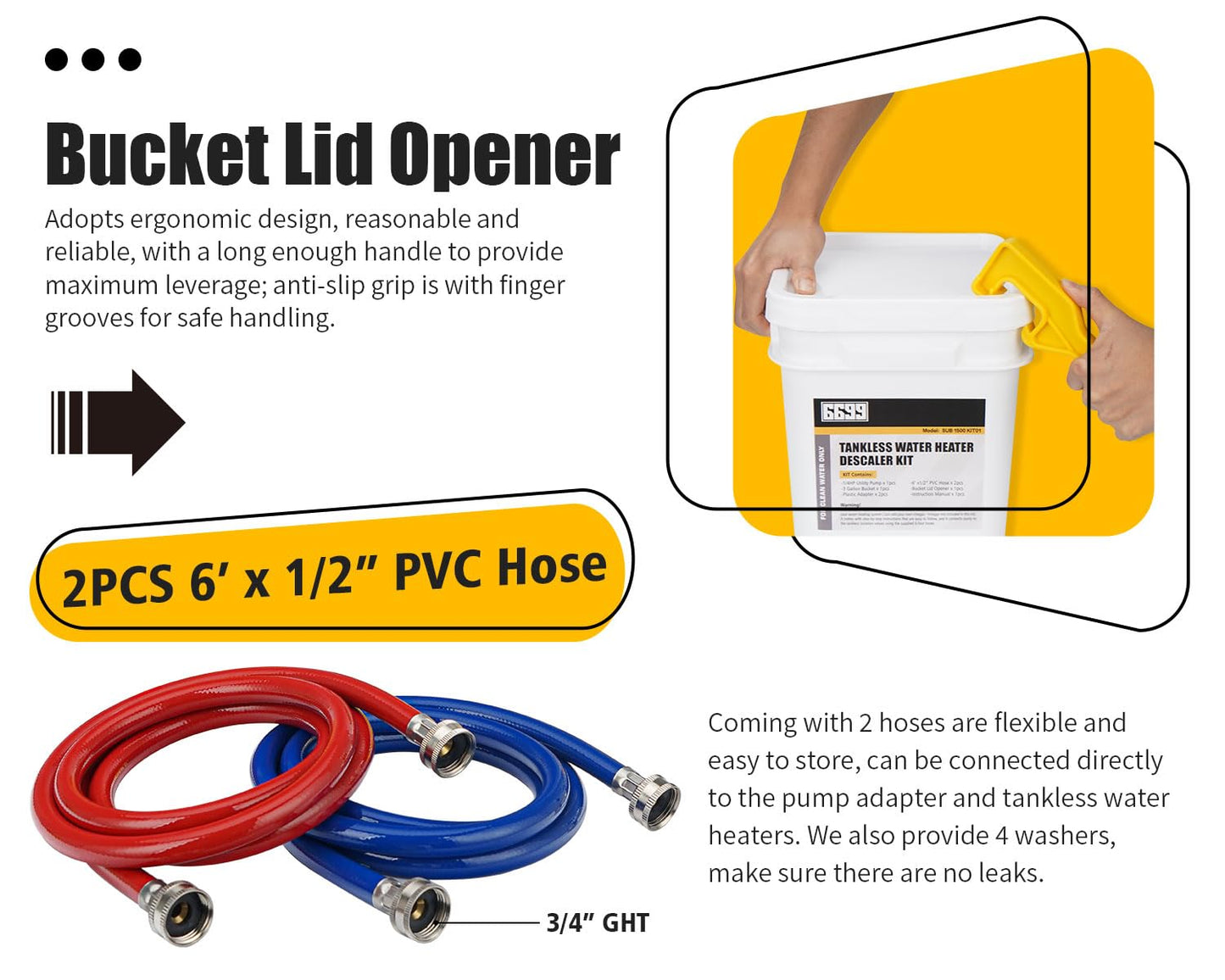 Tankless Water Heater Flushing Kit Includes 1/6HP Submersible Sump Pump with Two Adapters &amp; 3 Gallons Pail with Bucket Lid Opener &amp; Two 1/2” Dia X 6’ PVC Hoses with Washers