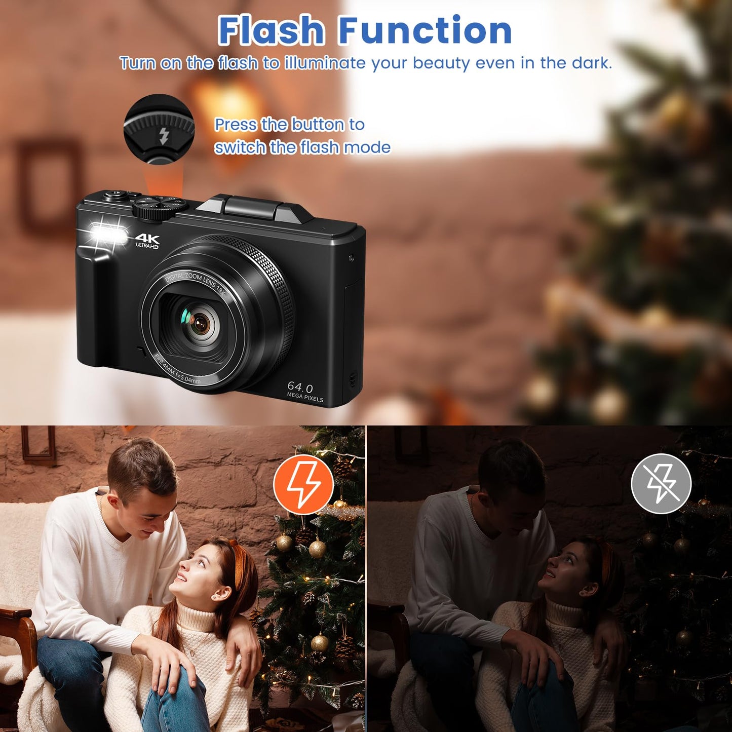 4K Digital Camera for Photography with 3" 180°Flip Screen, 64MP Vlogging Camera for YouTube, 4K Ultra HD WiFi Camera with 18X Digital Zoom，Compact Camera with Flash, 32GB TF Card &amp; 2 Batteries（Black）