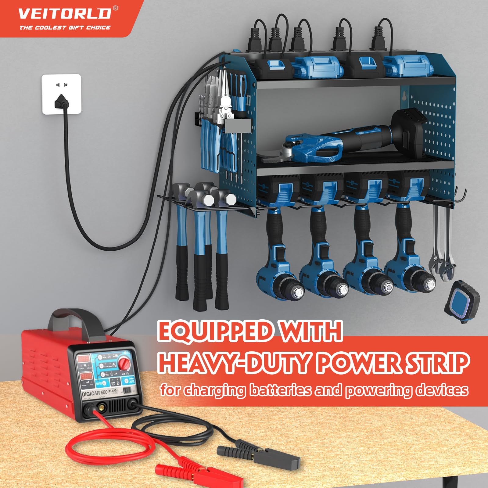 Veitorld Power Tool Organizer with Charging Station, Garage Tool Storage Organizer Built in 8 Outlet Power Strip with Drawers, 6 Drill Holder Wall Mount, Gifts for Men Dad Husband Him Fathers Day