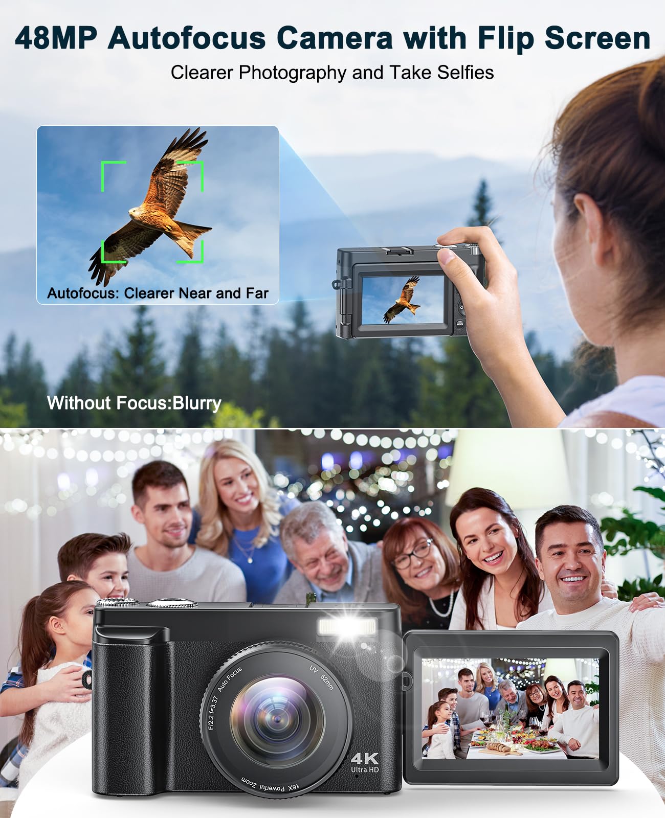 4K Digital Camera for Photography and Video, Autofocus Anti-Shake 48MP Vlogging Camera for YouTube, 3'' 180°Flip Screen Camera with Flash 16X Zoom, Digital Camera with 32GB Card Battery Charger Black