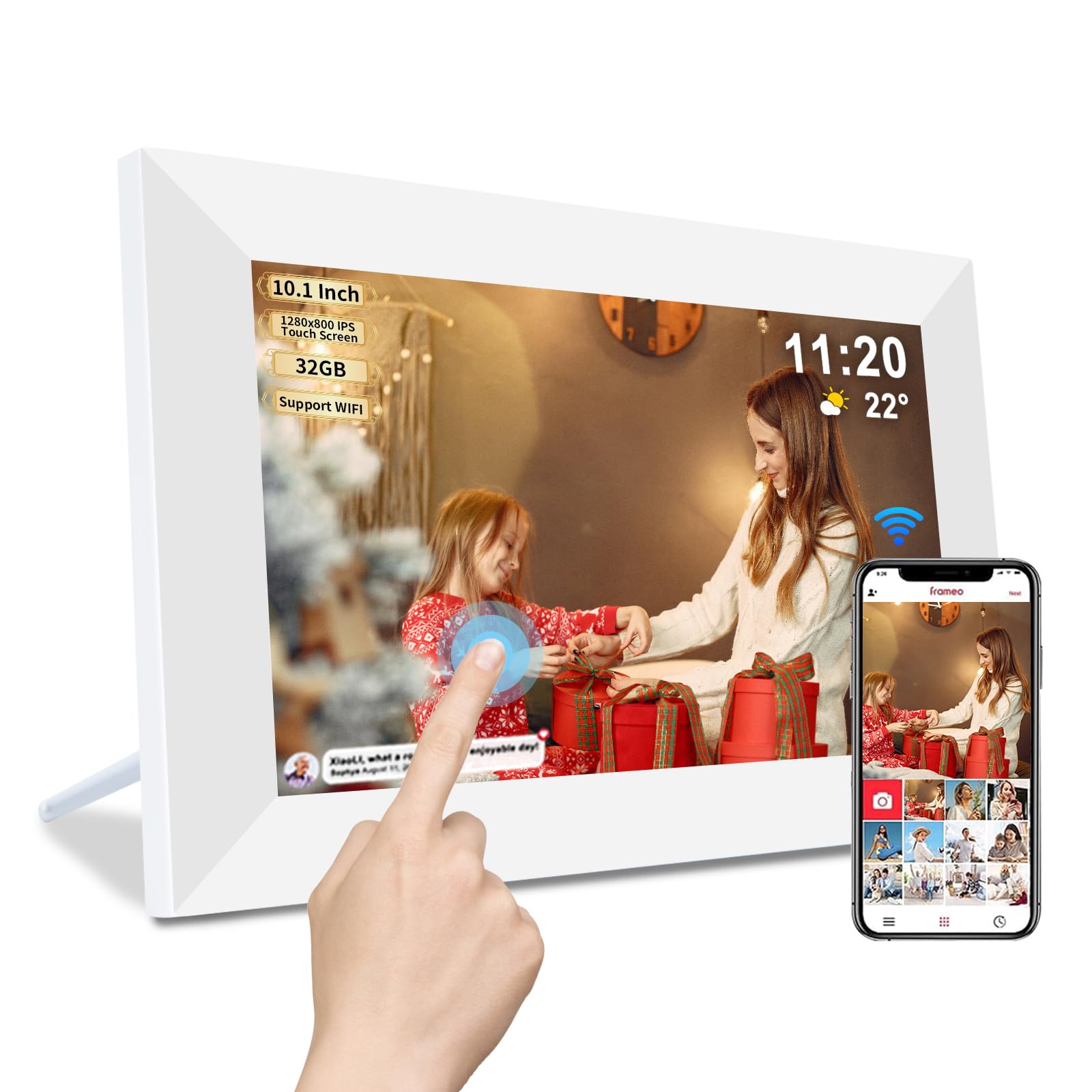 Frameo Digital Picture Frame WiFi -10.1 Inch Digital Photo Frame with 32GB Storage SD Card Slot Desktop,IPS Touch Screen, Auto-Rotate Slideshow Share Videos Photos Remotely Via App-White