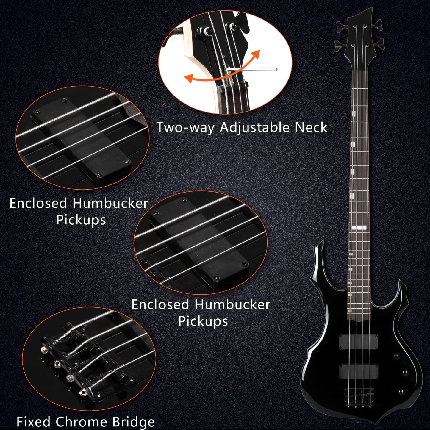 Ktaxon Electric Bass Guitar Full Size Flame Design Bass Set with 20 Watt Amplifier, Portable Bass Bag, Superior Amp Wire, Adjustable Guitar Strap, Plectrum, Wrench Tool(Black)