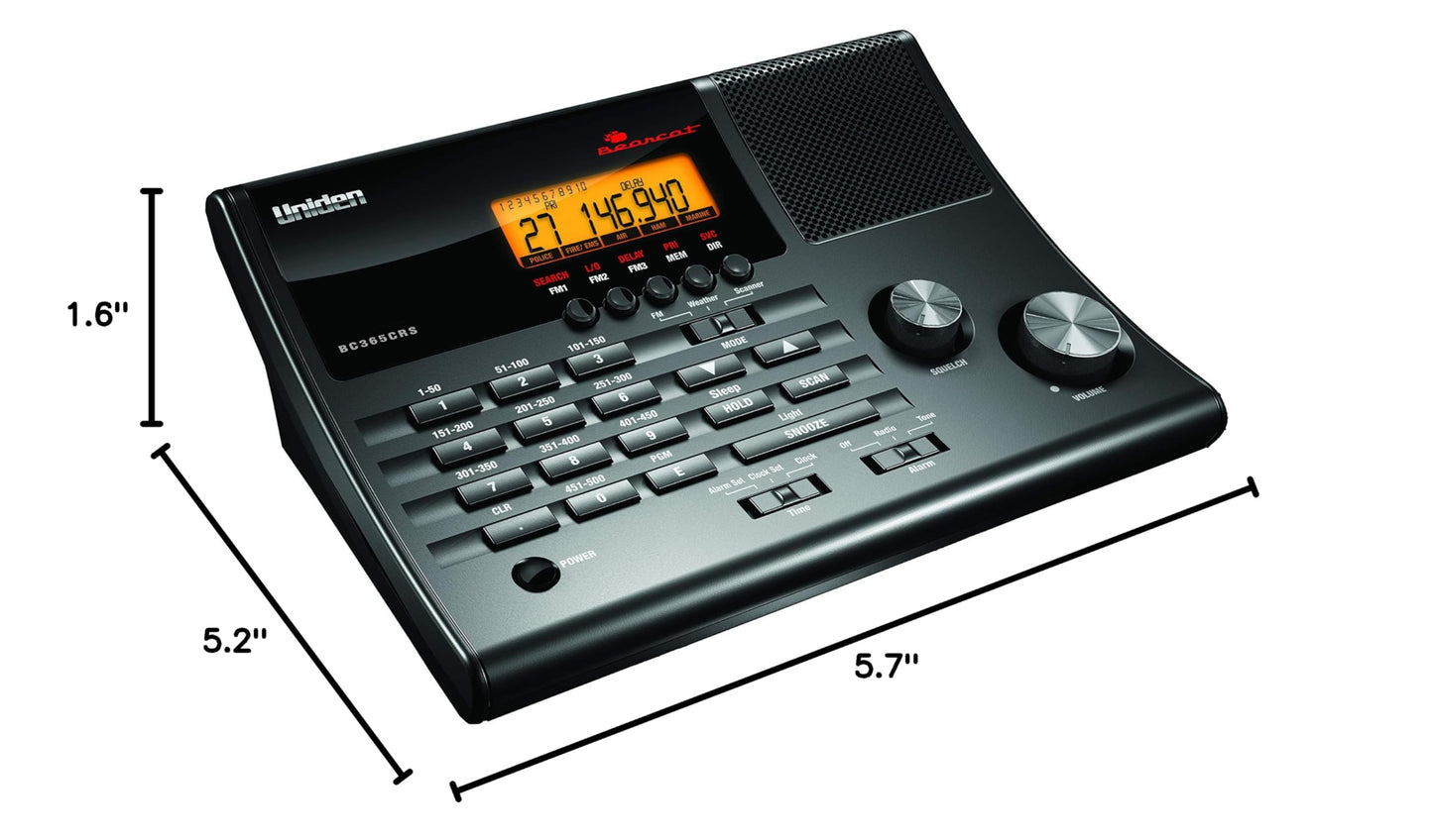 Uniden BC365CRS 500 Channel Scanner and Alarm Clock, Snooze, FM Radio, Weather Alerts, Search Bands used for Aviation, Railroad, Marine, Non-Digital Police/Fire/Public Safety transmissions and more