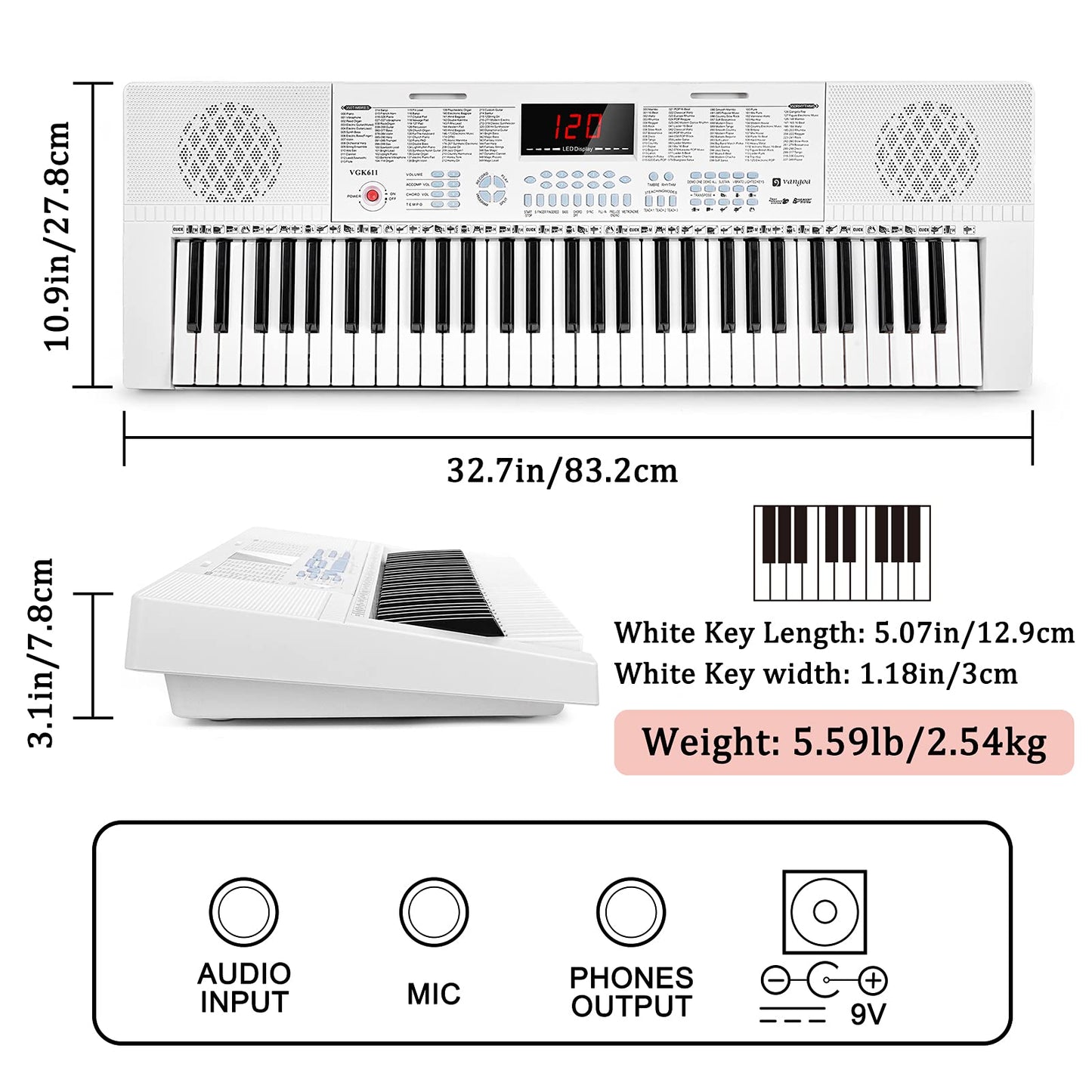 Vangoa 61-Key Light-Up Keyboard Piano for Beginners, 350 Tones &amp; Timbres, 3 Teaching Modes, With Microphone, Black