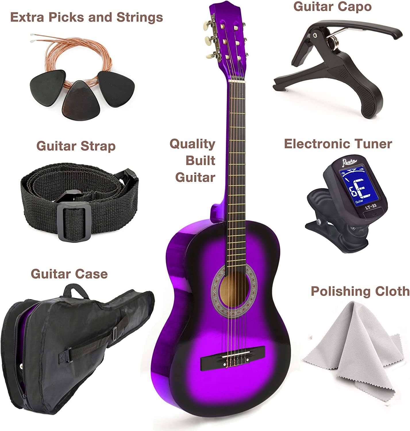 30" Left Handed Wood Guitar with Case and Accessories for Kids/Girls/Boys/Teens/Beginners (30", Black)