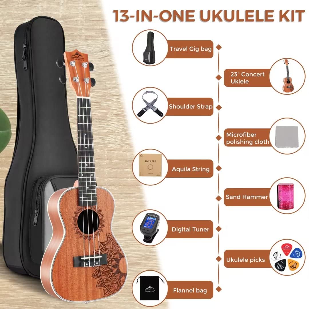 EASTROCK Concert Ukulele Mahogany Beginner 23 inch Ukelele Big Package Kit. Ukulele Ukalalee Suitable for adults, Beginners. (23-Mahogany)