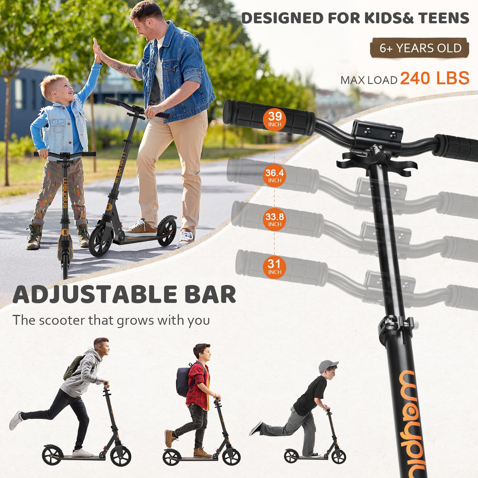 Kick Scooter for Ages 6+,Kid, Teens &amp; Adults. Max Load 240 LBS. Foldable, Lightweight, 8IN Big Wheels for Kids, Teen and Adults, 4 Adjustable Levels. Bearing ABEC9