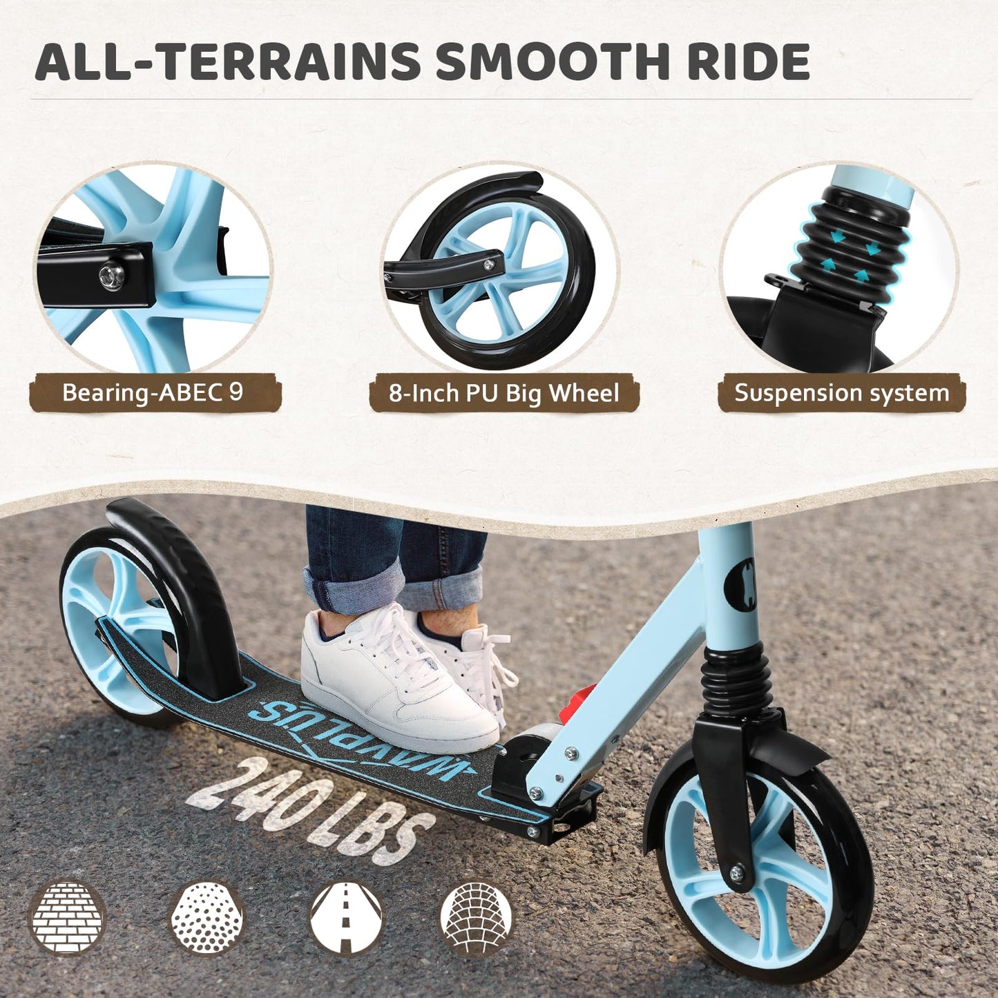 Kick Scooter for Ages 6+,Kid, Teens &amp; Adults. Max Load 240 LBS. Foldable, Lightweight, 8IN Big Wheels for Kids, Teen and Adults, 4 Adjustable Levels. Bearing ABEC9