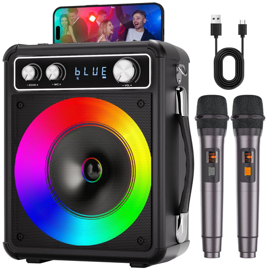 Karaoke Machine, Portable Bluetooth Karaoke Speaker with 2 Wireless Microphones, PA System for Adults Kids with LED Lights, Supports REC/FM/AUX/USB/TF for Home Party