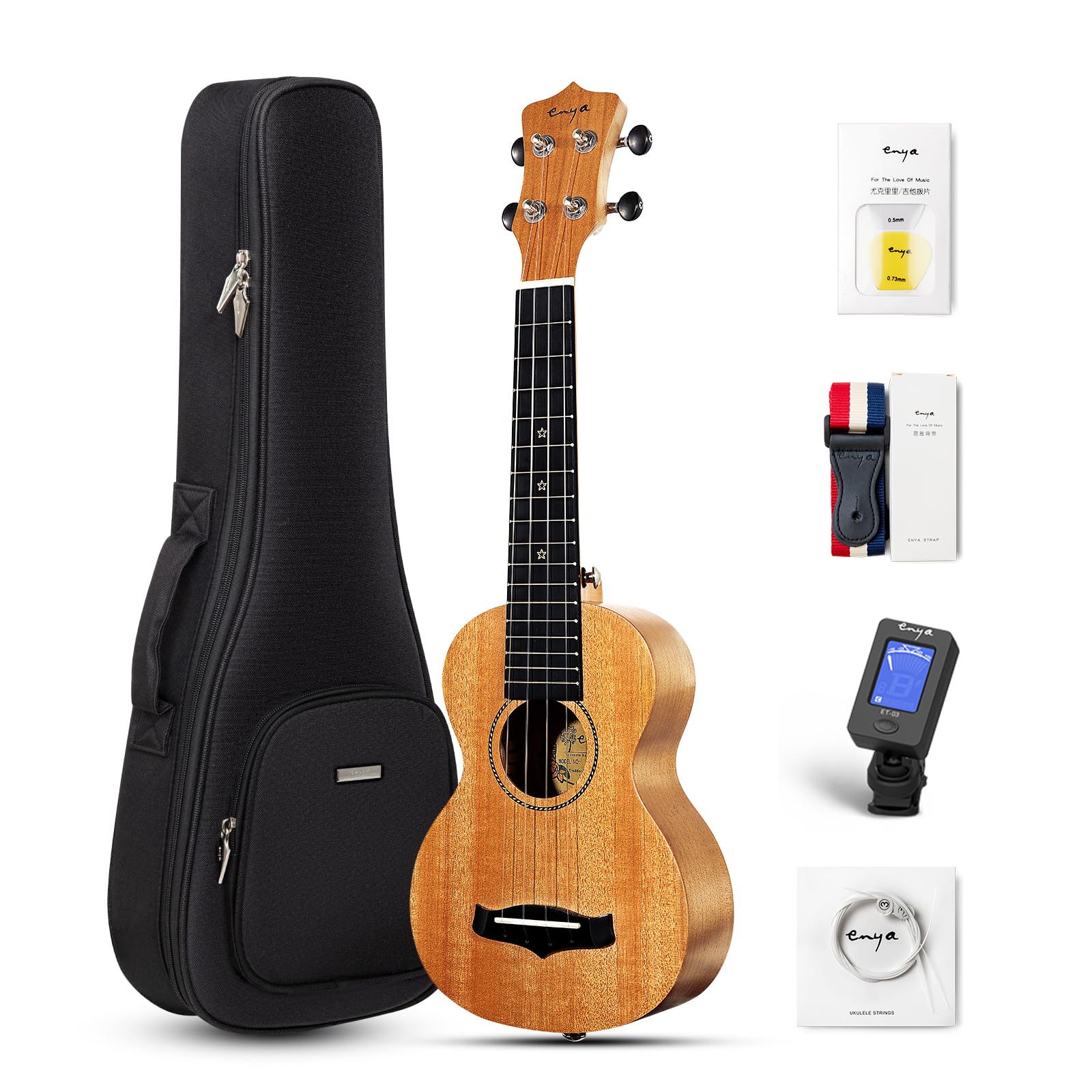 Enya Concert Ukulele 23 Inch Blue Solid Mahogany Top with Ukulele Starter Kit Includes Online Lessons, Tuner,Case, Strap, Strings, Capo, Sand Shaker, Pick,Polish Cloth (EUC-25D BU)