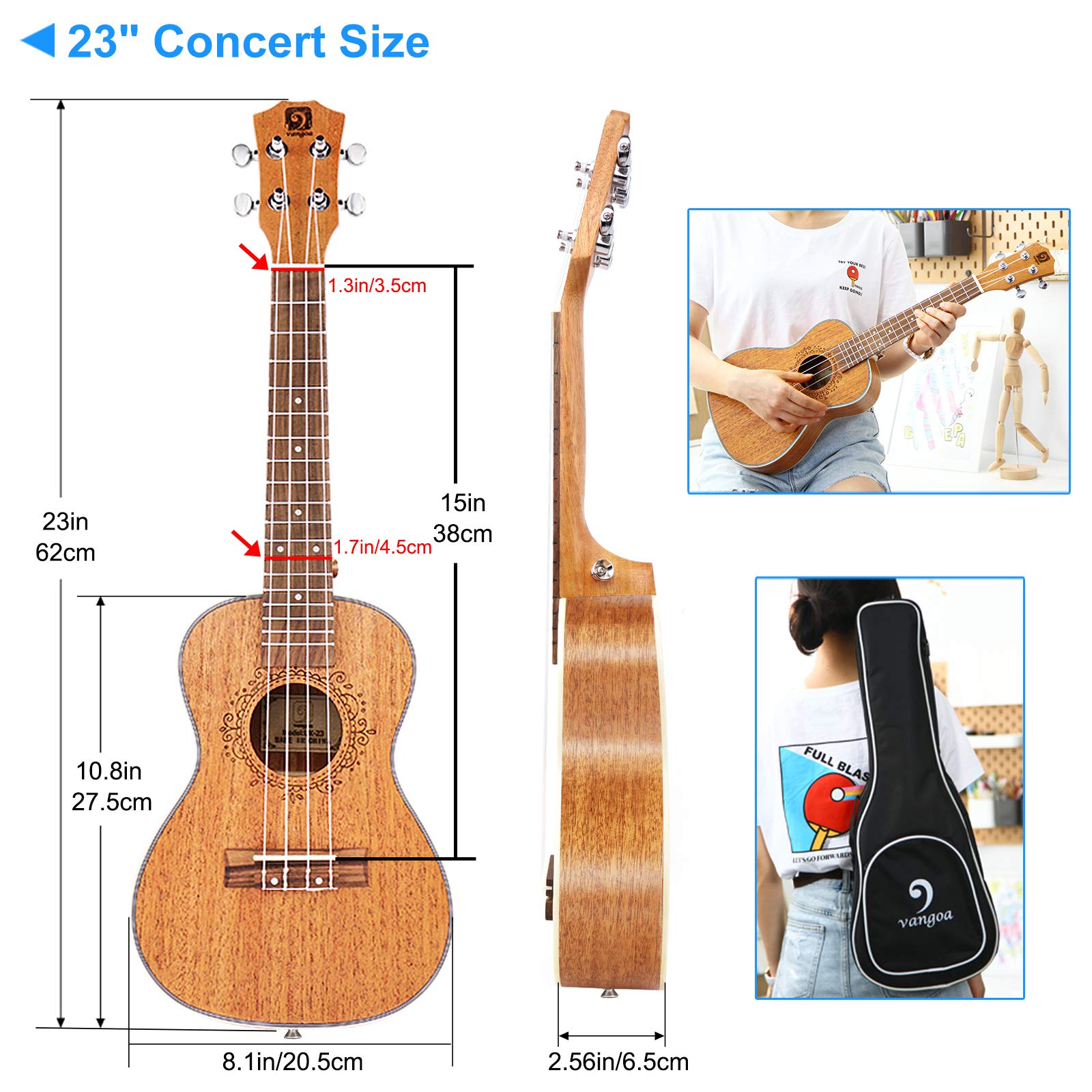 Ukulele Soprano Mahogany 21 Inch Professional Acoustic Ukelele Four String Wooden Hawaiian Uke Beginner Kit for Kids Students Starter Kit, by Vangoa