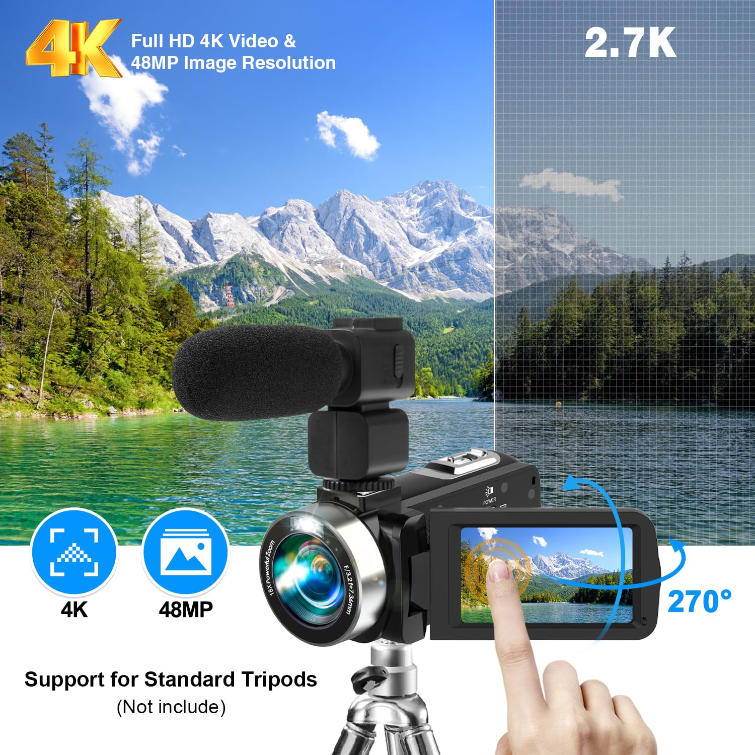 Video Camera Camcorder Full HD 4K 60FPS 48MP WiFi IR Night Vision Vlogging Camera for YouTube Digital Camera Recorder 18X Zoom Camcorders with 3.0" Touch Screen,2 Batteries and 32G SD Card