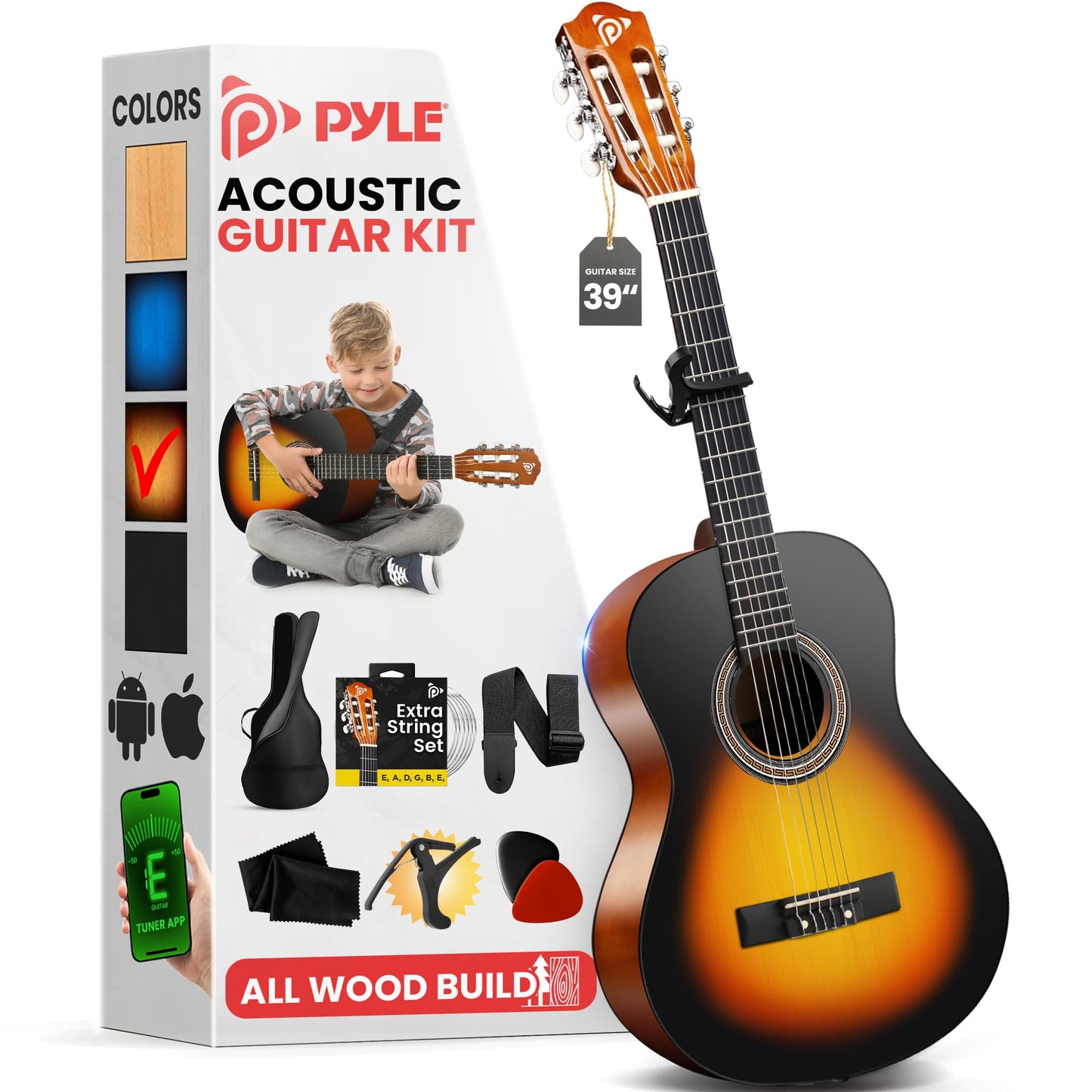 Pyle Left Handed Beginner Acoustic Guitar Kit, 1/4 Junior Size All Wood Build Nylon Stringed Instrument with Capo, Strap, Extra String Set, Gig Bag, Guitars for Beginners Adults Youth, 30" Natural