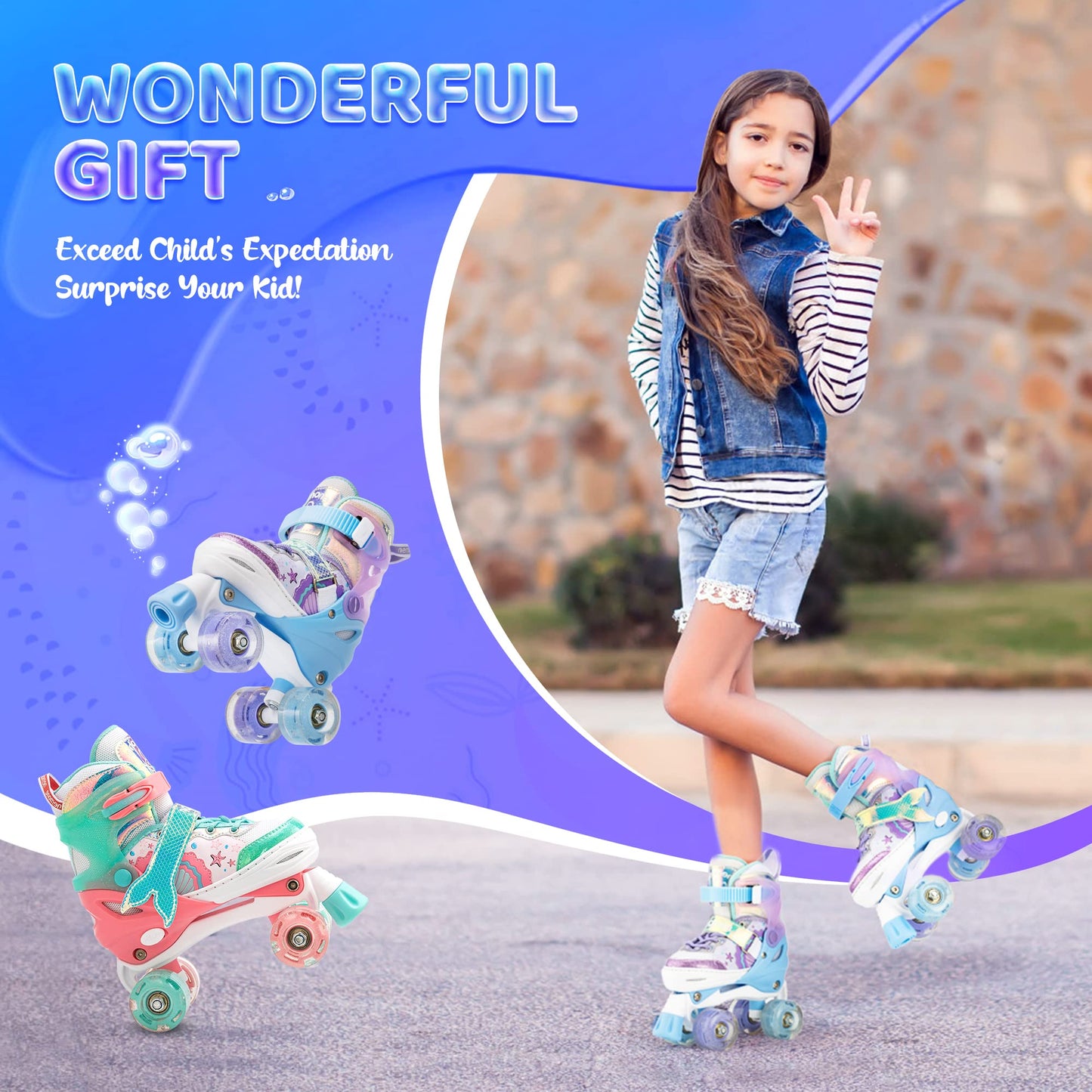 NEMONE Mermaid 4 Size Adjustable Light up Roller Skates for Girls, Purple Blue Skates for Toddlers, Beginner Kids Roller Skates Indoor Outdoor