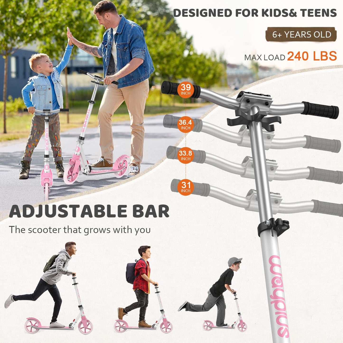 Kick Scooter for Ages 6+,Kid, Teens &amp; Adults. Max Load 240 LBS. Foldable, Lightweight, 8IN Big Wheels for Kids, Teen and Adults, 4 Adjustable Levels. Bearing ABEC9