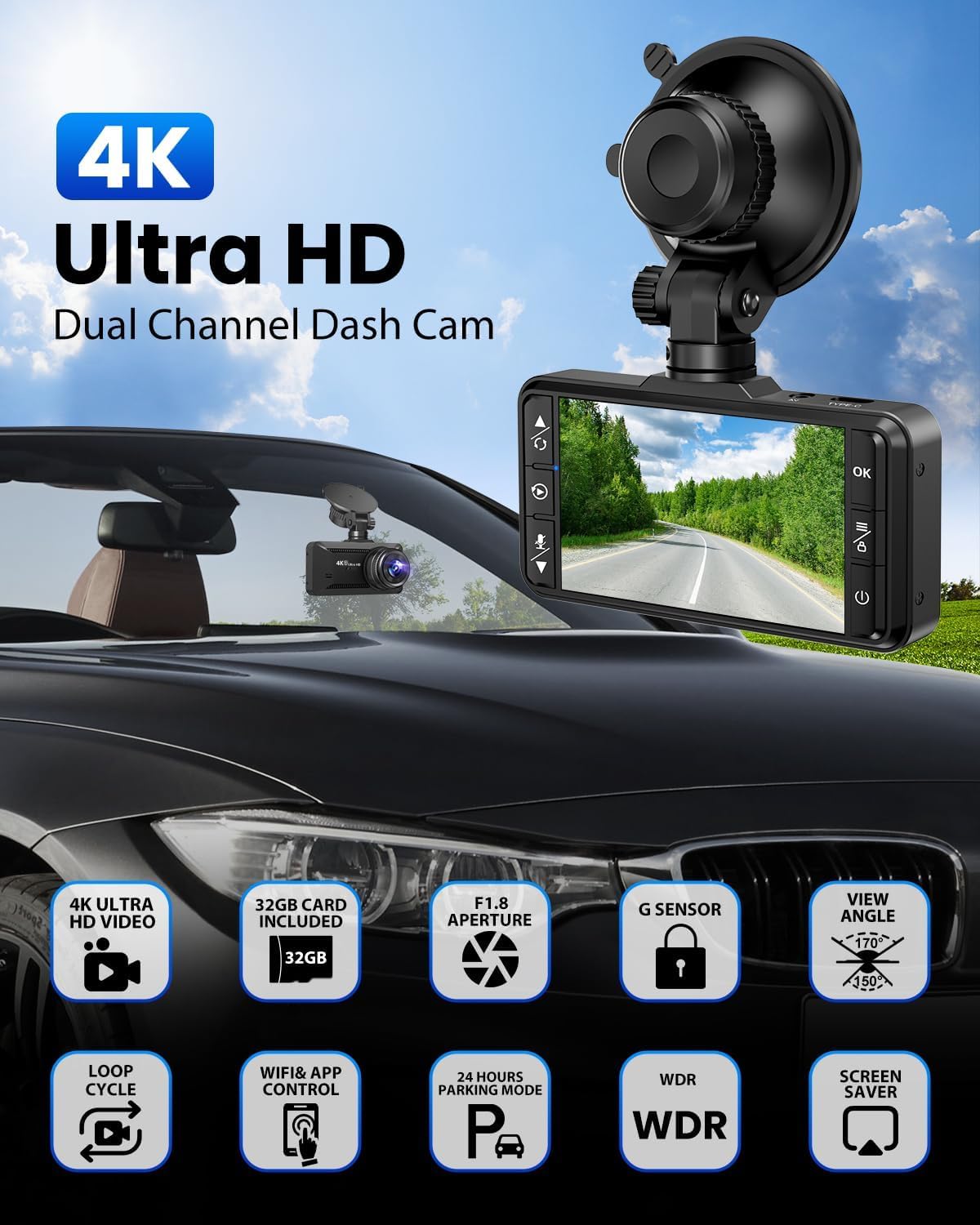 Dash Cam Front and Rear 4K/1080P, Dash Camera for Cars Build in WiFi, Full HD Dash Cam with APP Control, 3.94'' IPS Screen Dash Camera with 32GB SD Card, G-Sensor, 24Hr Parking Mote, Loop Recording