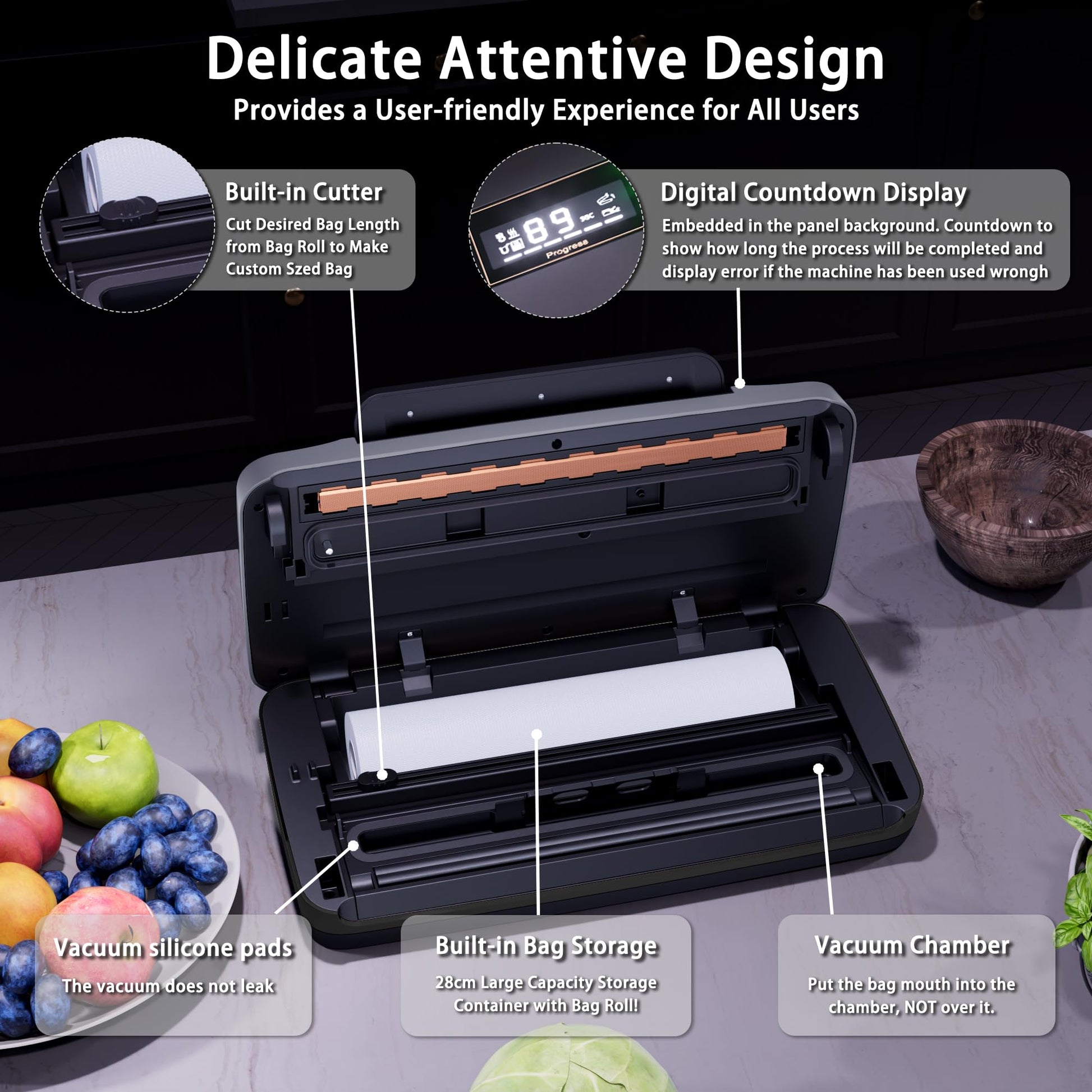 95kpa Vacuum Sealer Machine,Commercial Full Automatic Food Sealer,Powerful Sealing System with Double Heat Seal,Bags Storage, Easy-Lock Handle,Build-in Cutter,1 Bag Rolls and 10 pcs Pre-cut Bags