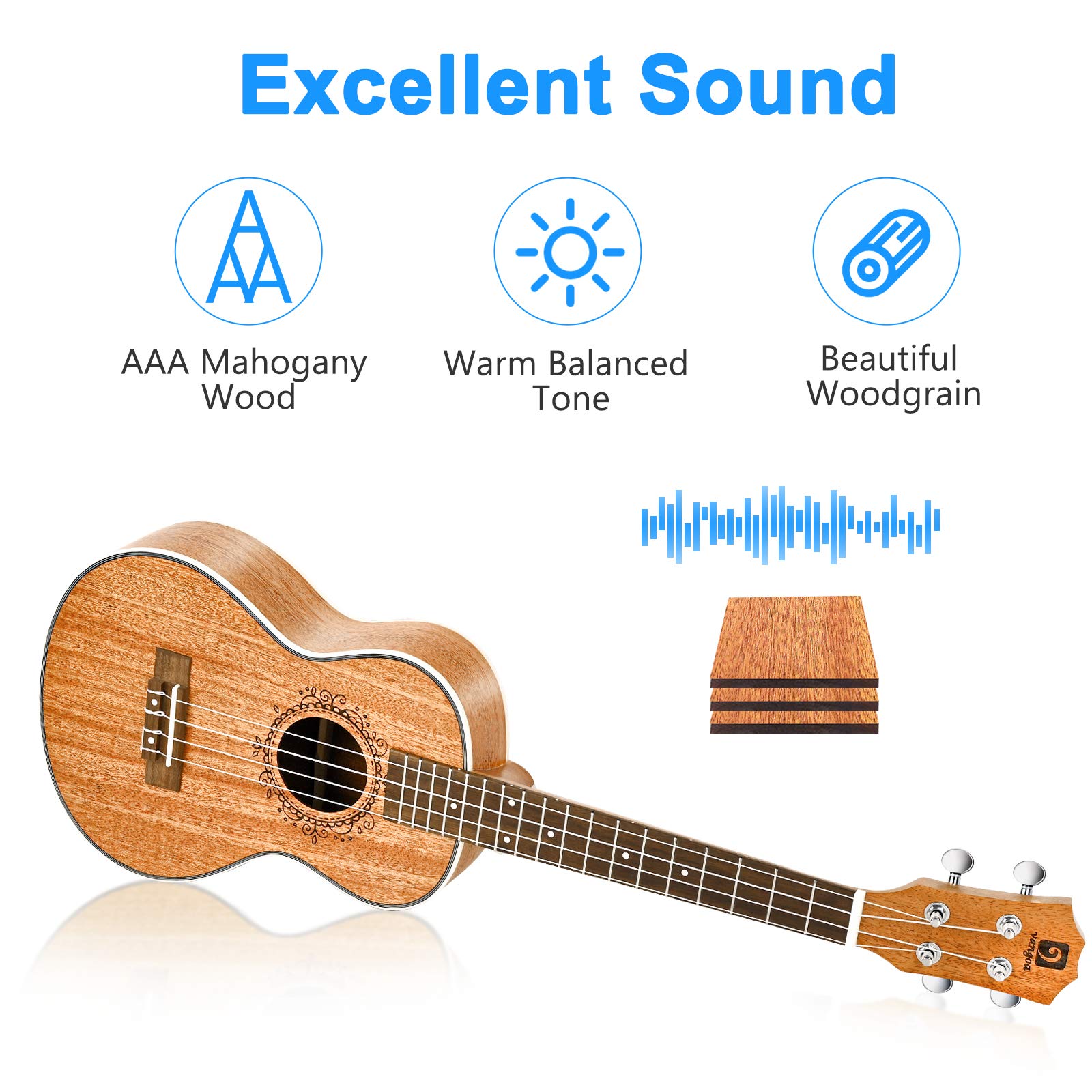 Ukulele Soprano Mahogany 21 Inch Professional Acoustic Ukelele Four String Wooden Hawaiian Uke Beginner Kit for Kids Students Starter Kit, by Vangoa