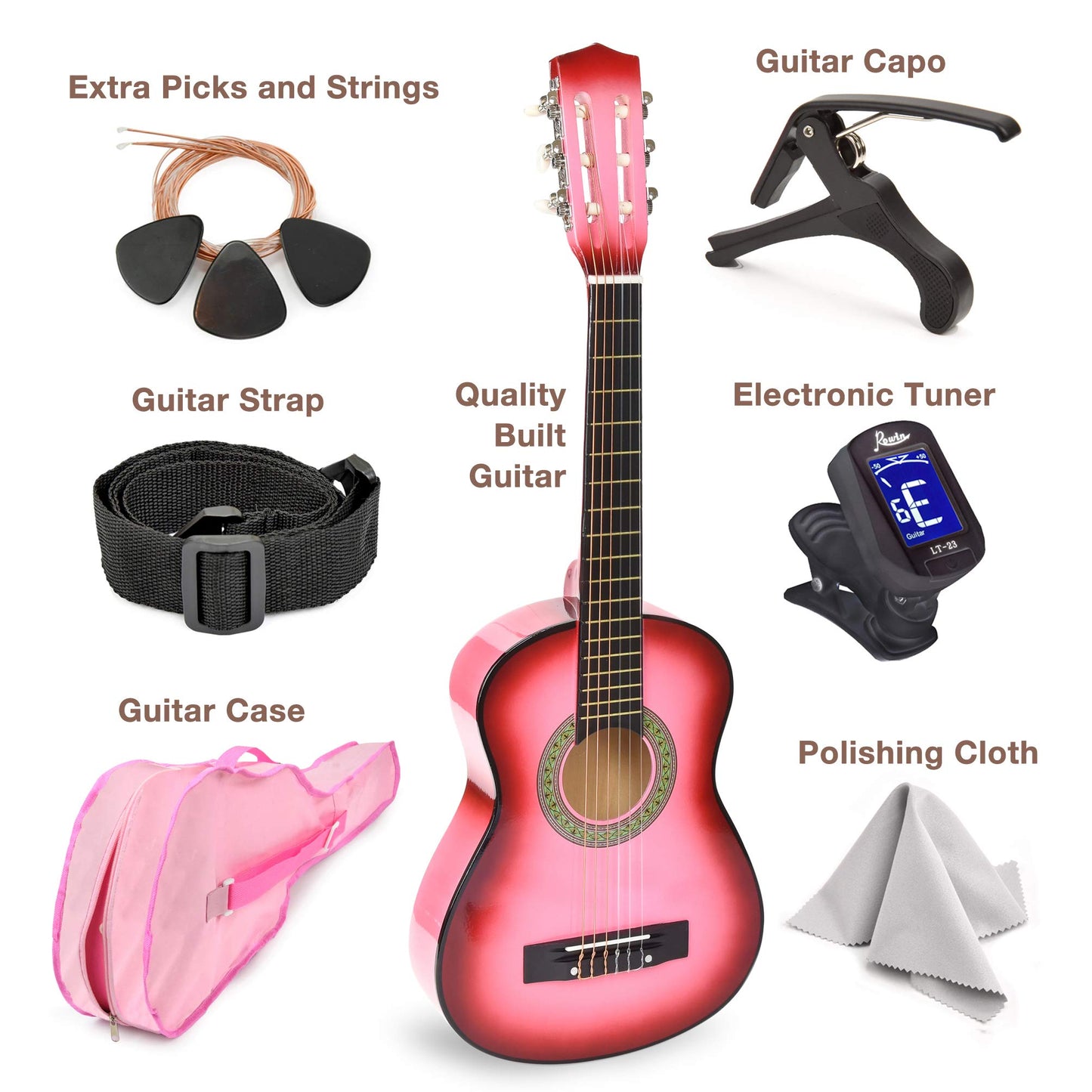 30" Left Handed Wood Guitar with Case and Accessories for Kids/Girls/Boys/Teens/Beginners (30", Black)