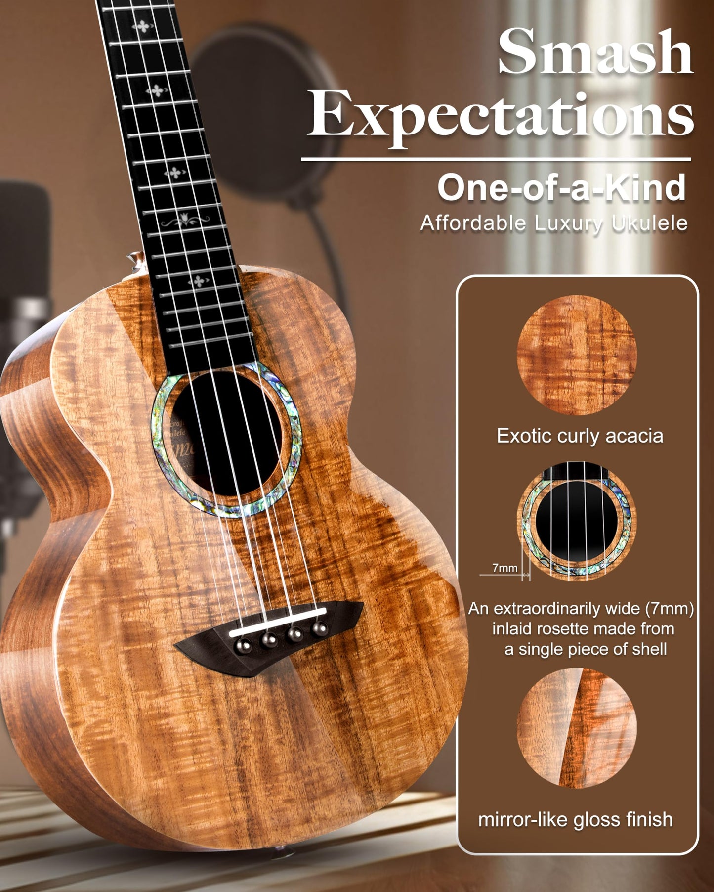 Caramel CAG94 Glossy Black Ebony 23" Concert Ukulele for Beginner | Handmade Ukelele Starter Kit