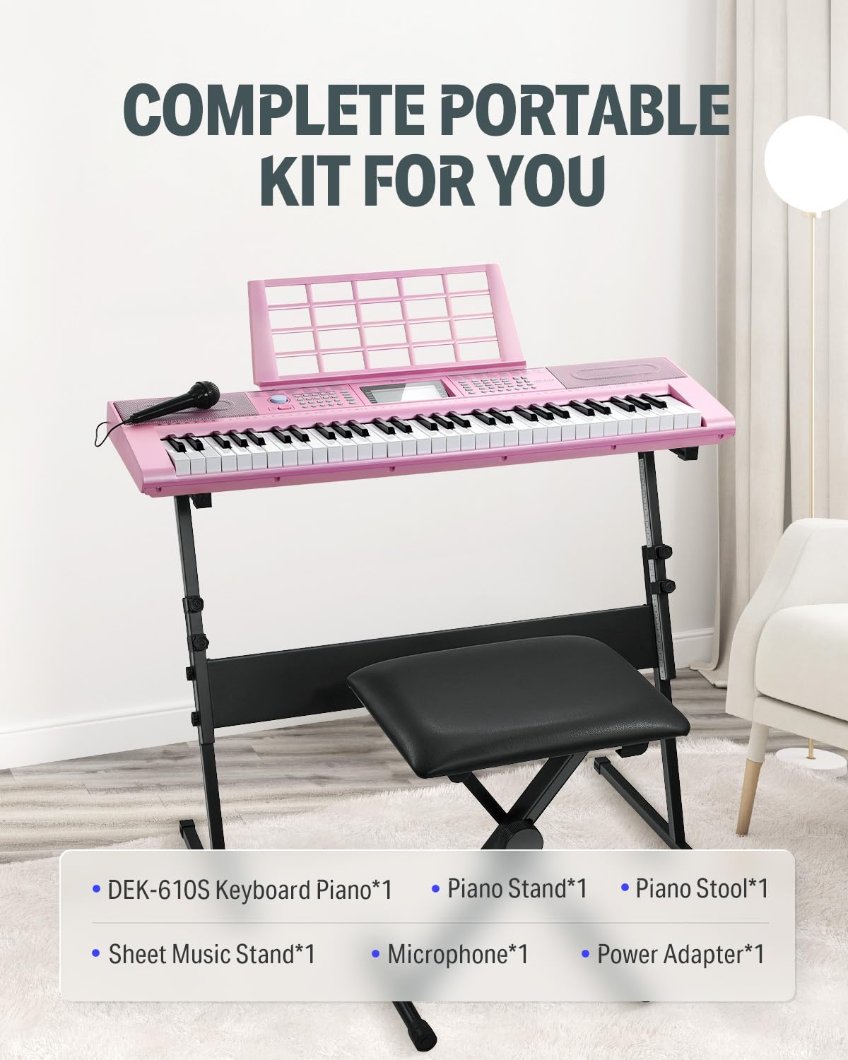 Donner Keyboard Piano, 61 Key Piano Keyboard for Beginner/Professional, Electric Keyboard Kit with 249 Voices, 249 Rhythms - Includes Music Stand, Microphone, Black (DEK-610S)