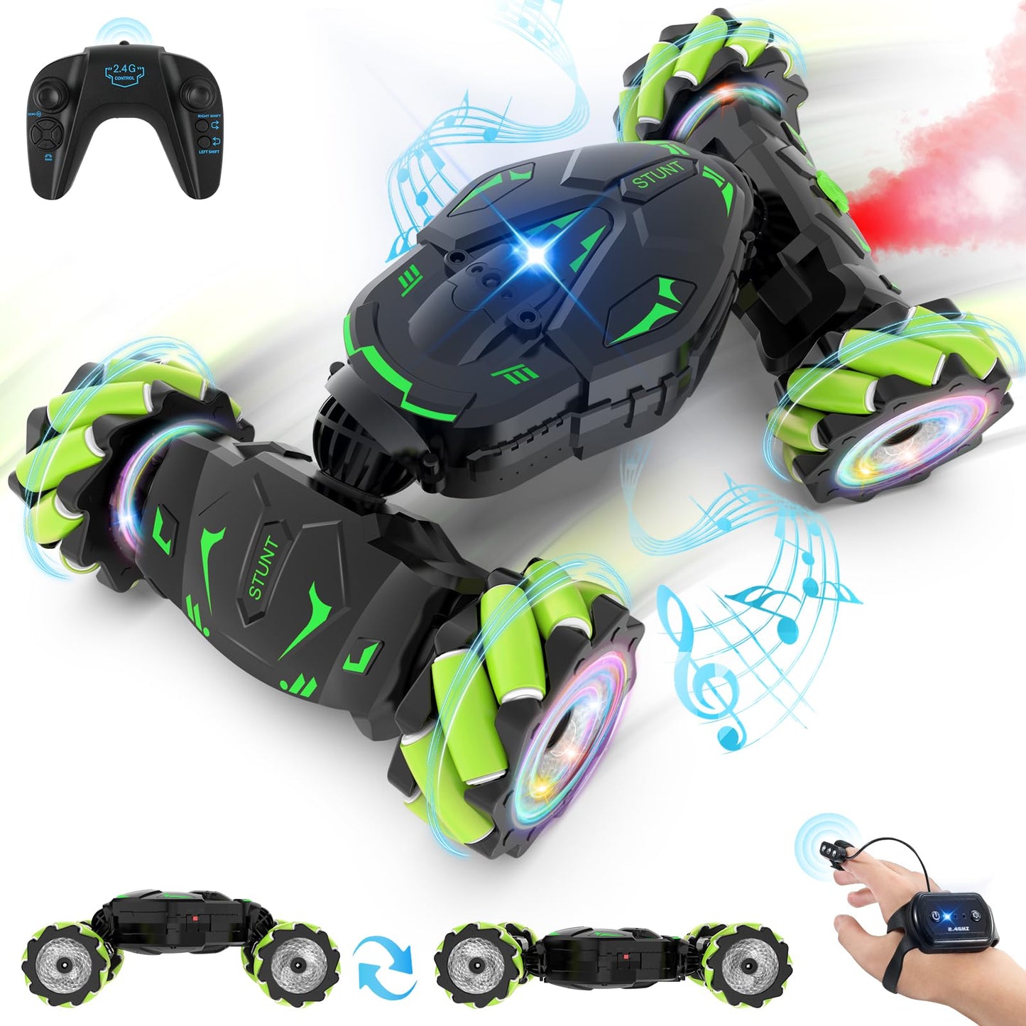 Pristar RC Car Toys for Boys Girls 6-12, Gesture Sensing RC Stunt Car 2.4Ghz 4WD Remote Control Car with Lights Music Double Sided Flip 360° Rotate Off-Road, Birthday Xmas Gifts for Kids Aged 6-12