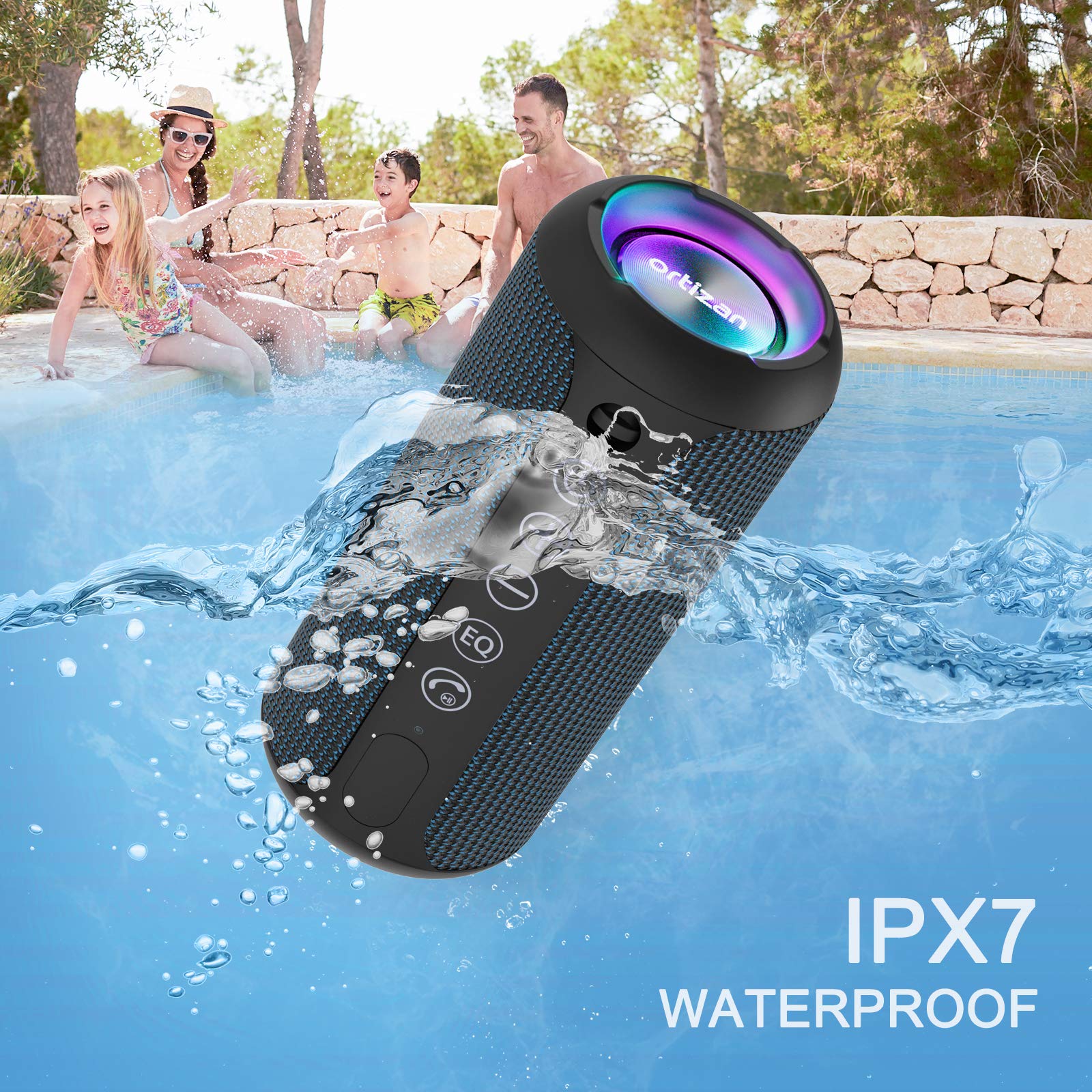 Ortizan Portable Bluetooth Speaker: IPX7 Waterproof, 24W Loud Sound, Deep Bass, Bluetooth 5.3, LED Lights, Wireless Stereo Pairing, 30H Playtime, for Home/Outdoor/Party/Beach, Birthday Gift (Black)