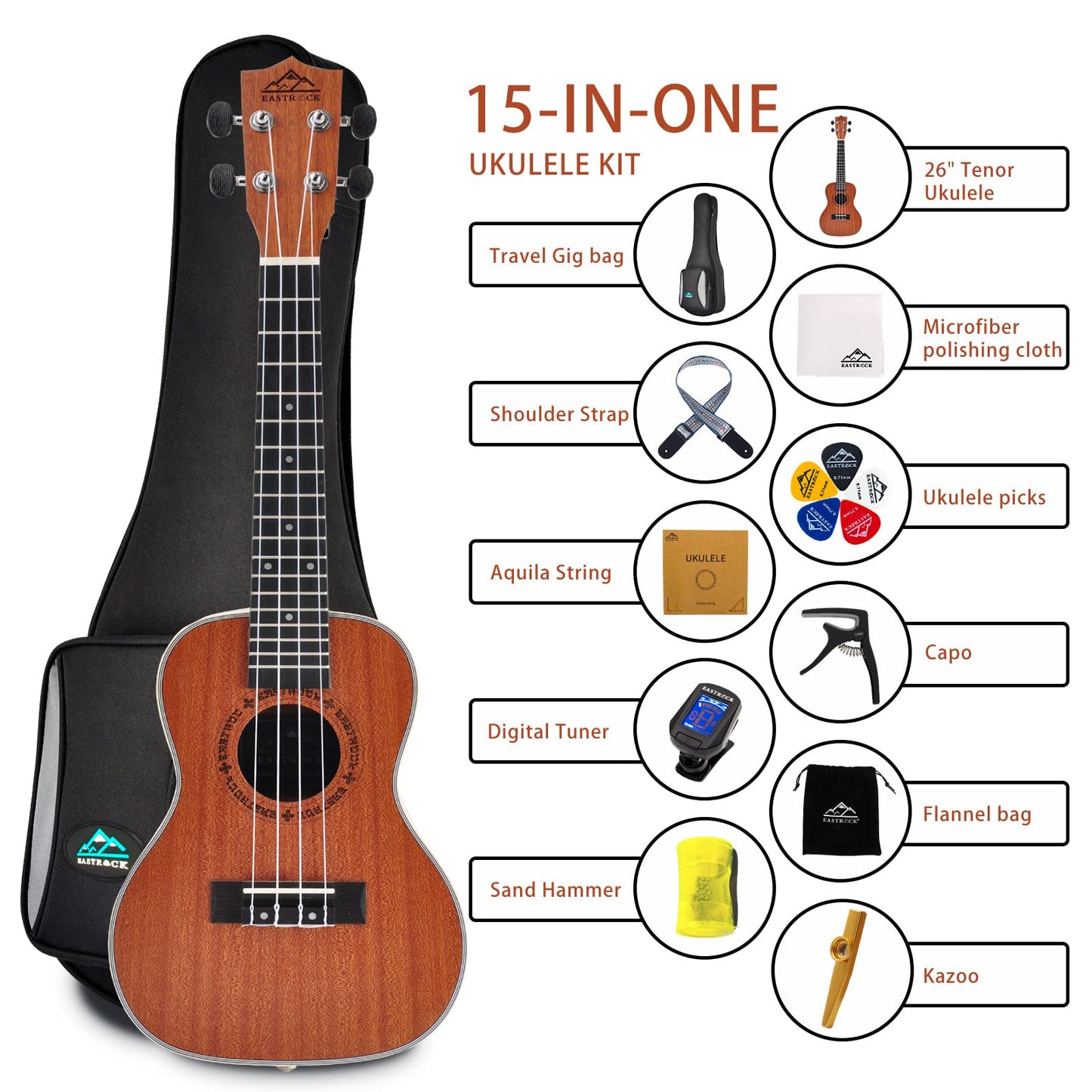 EASTROCK Concert Ukulele Mahogany Beginner 23 inch Ukelele Big Package Kit. Ukulele Ukalalee Suitable for adults, Beginners. (23-Mahogany)